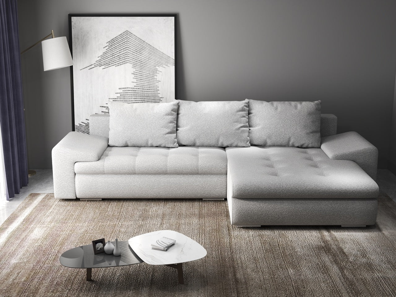 Colțar extensibil dumonde cu ladă de depozitare si sezut confortabil din spuma HR, Leonardo Euphoria Gri 255x193 cm II Fabrica