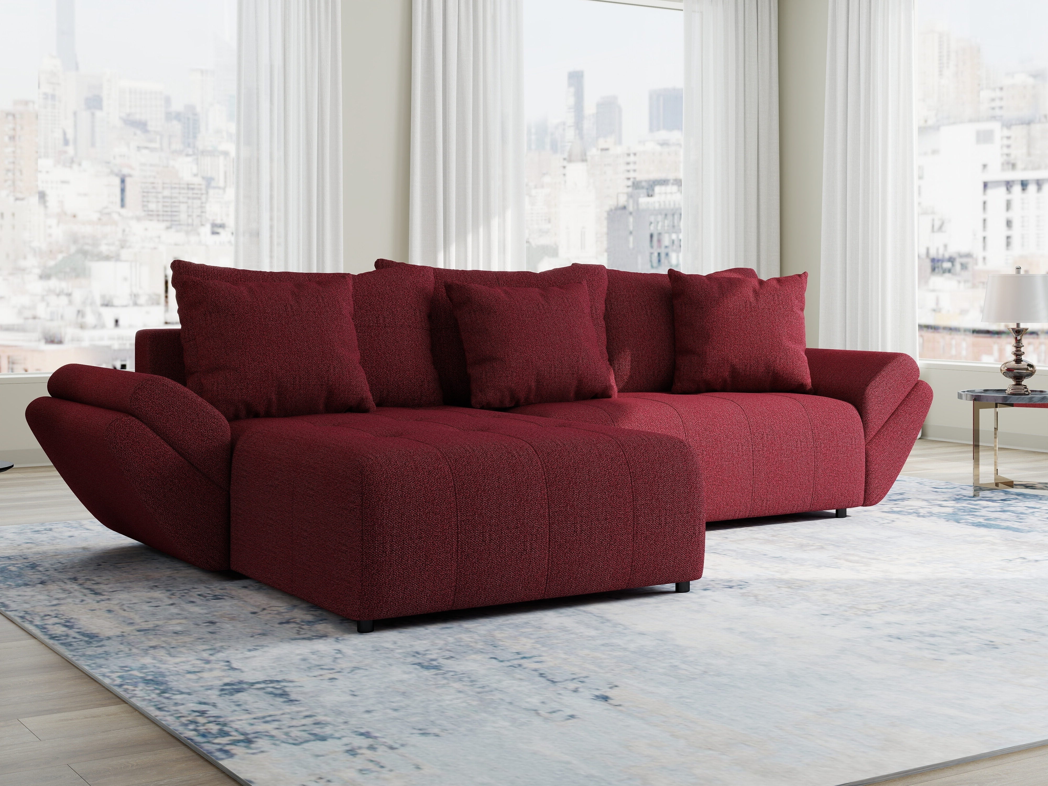 Colțar extensibil dumonde cu ladă de depozitare si sezut confortabil din spuma HR, Berlin Enjoy Rosu 280x185 cm