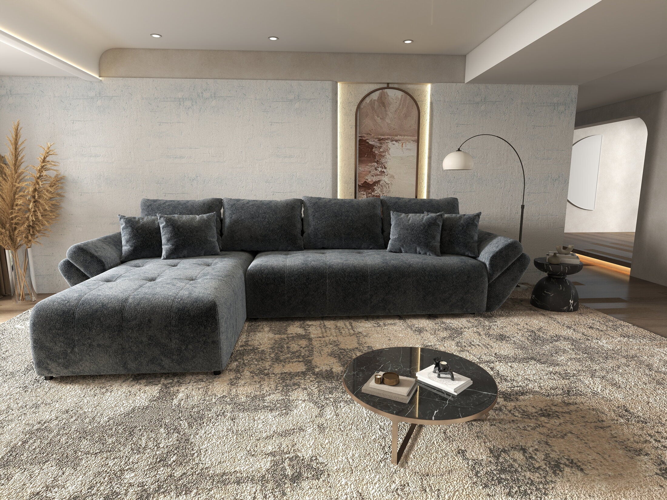 Colțar extensibil dumonde cu ladă de depozitare si sezut confortabil din spuma HR, Berlin XL Euphoria Graphite 350x185 cm