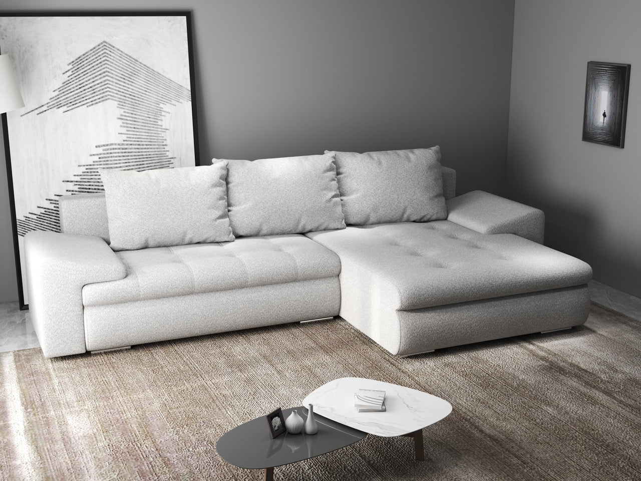 Colțar extensibil dumonde cu ladă de depozitare si sezut confortabil din spuma HR, Leonardo Euphoria Gri 255x193 cm II Fabrica