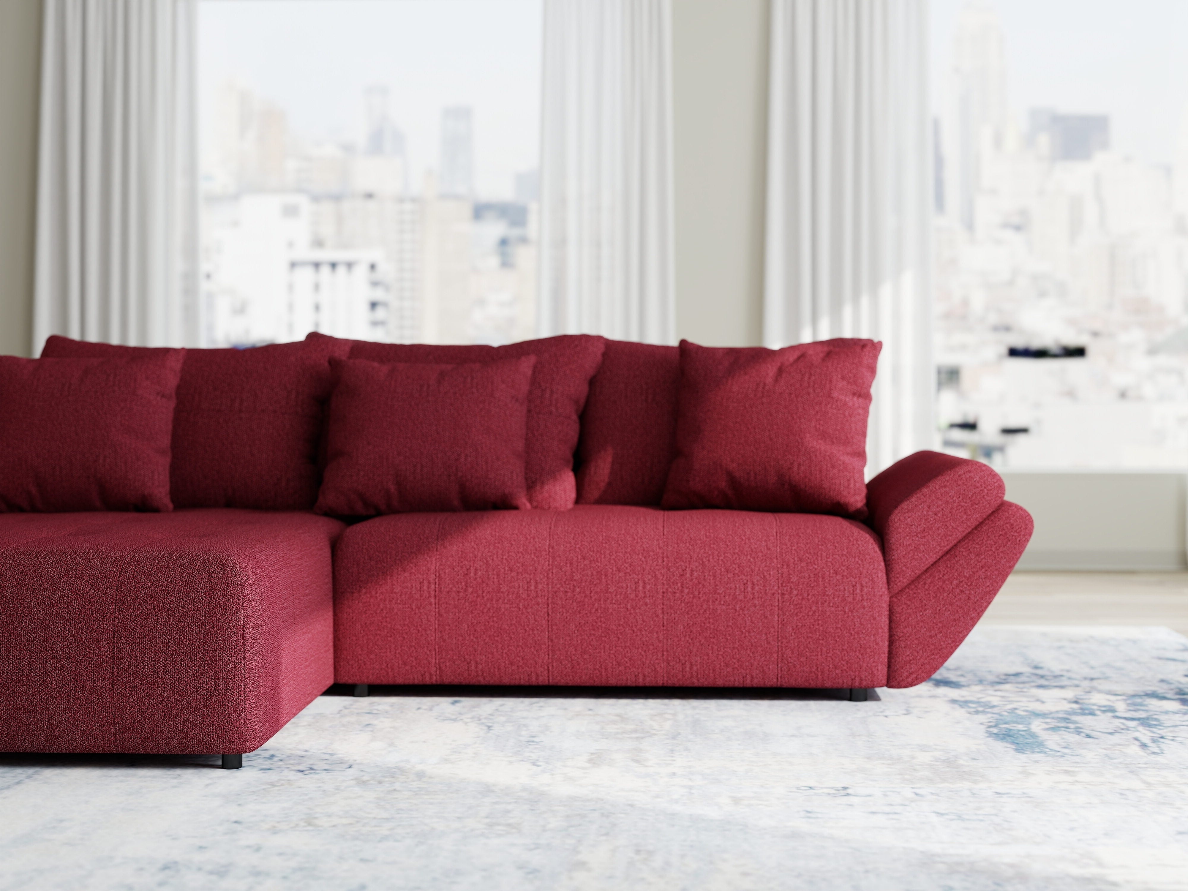 Colțar extensibil dumonde cu ladă de depozitare si sezut confortabil din spuma HR, Berlin Enjoy Rosu 280x185 cm