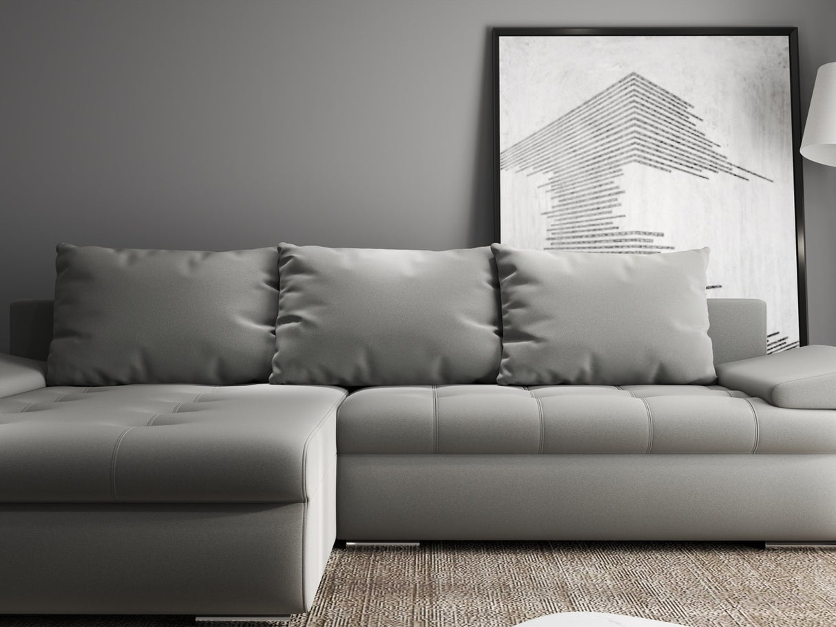 Colțar extensibil dumonde cu ladă de depozitare si sezut confortabil din spuma HR, Leonardo Royal Gri 255x193 cm