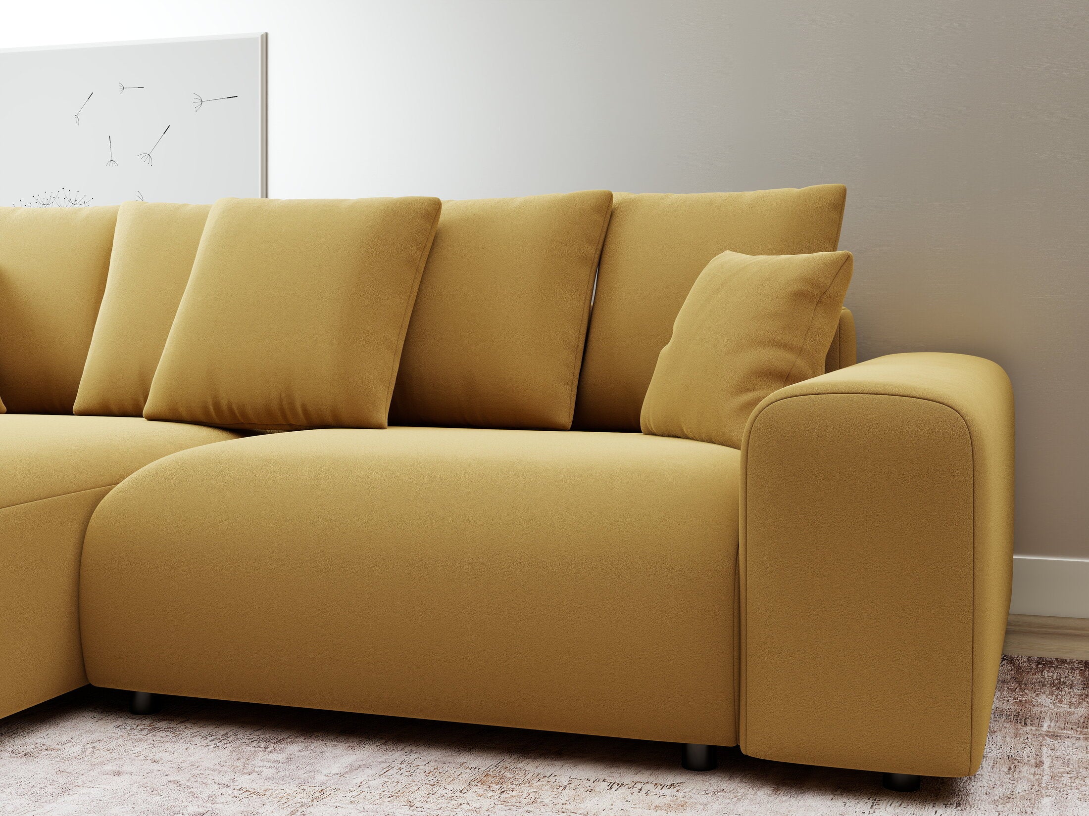 Colțar extensibil dumonde cu ladă de depozitare și șezut confortabil din spumă HR, Luma Royal Mustar 255x168 cm