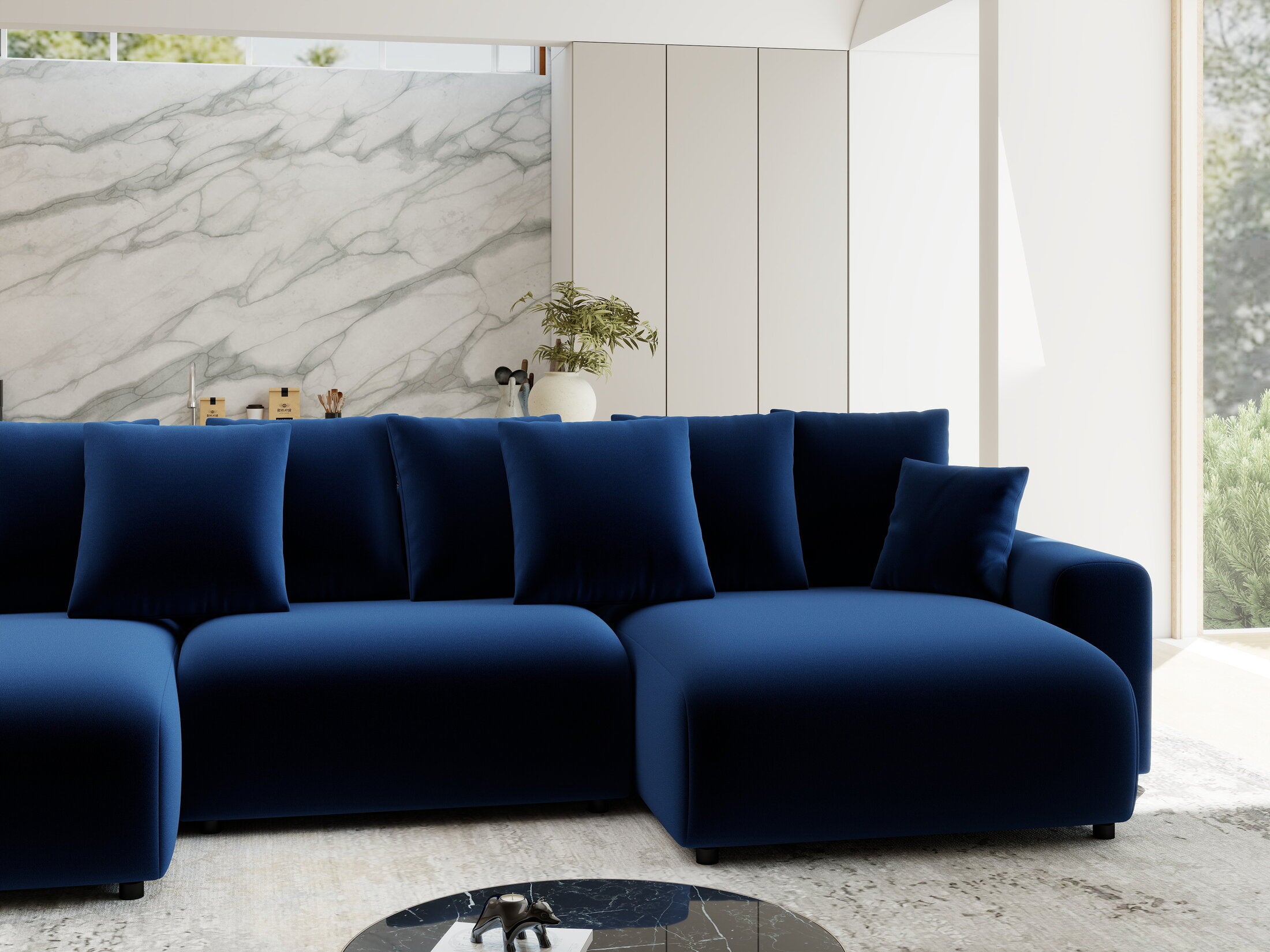 Colțar extensibil dumonde cu ladă de depozitare si sezut confortabil din spuma HR, Luma U Royal Albastru Navy 336x140 cm