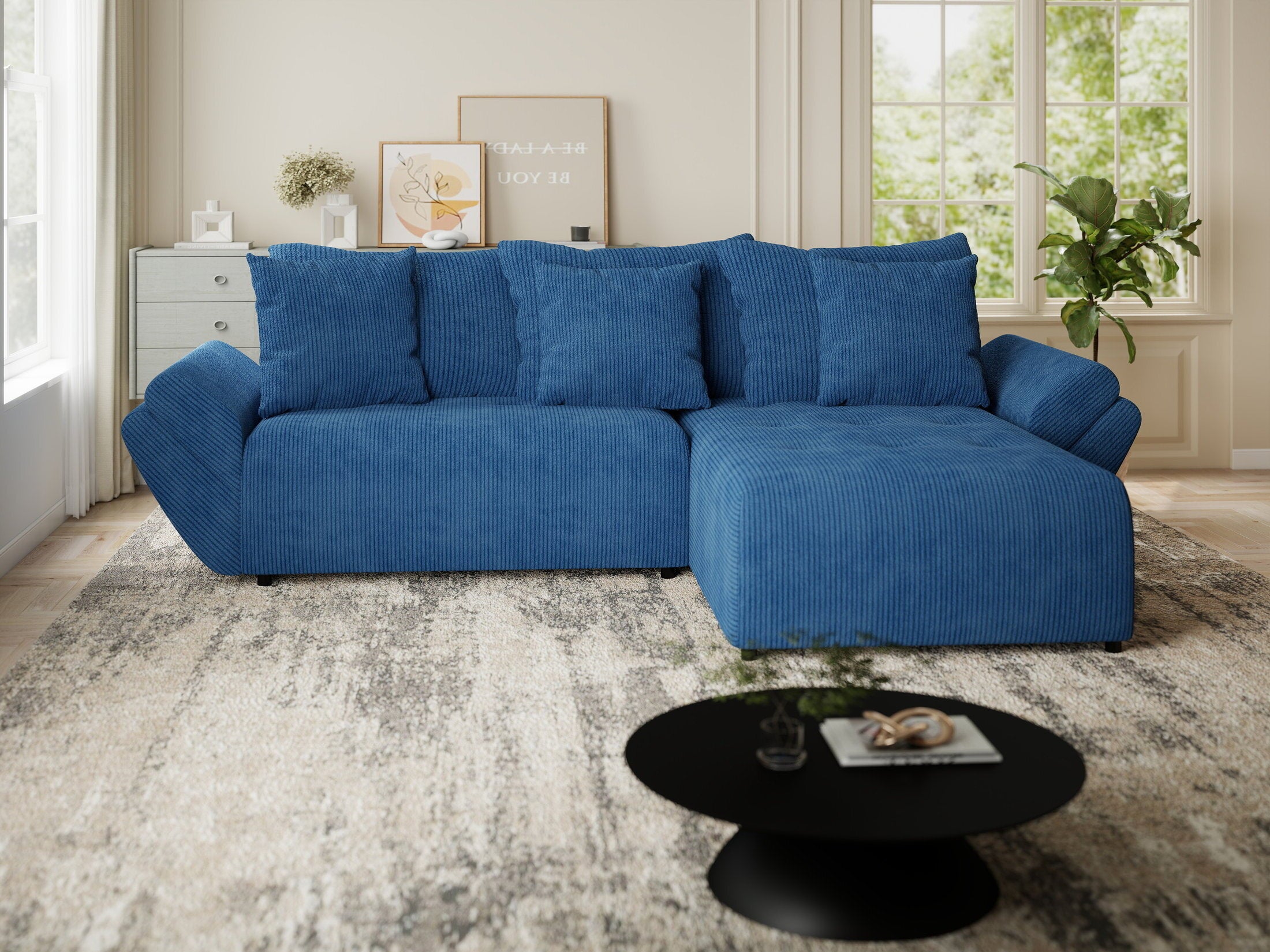 Colțar extensibil dumonde cu ladă de depozitare si sezut confortabil din spuma HR, Berlin Zoom Albastru 280x185 cm II