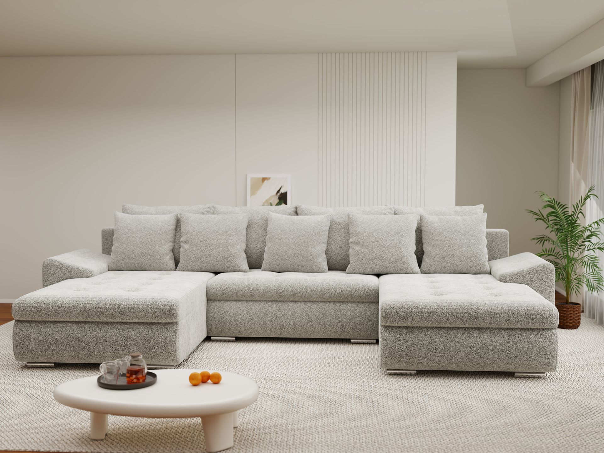 Colțar extensibil dumonde cu ladă de depozitare si sezut confortabil din spuma high-density, Leonardo U Arena Bej 02 360x185 cm
