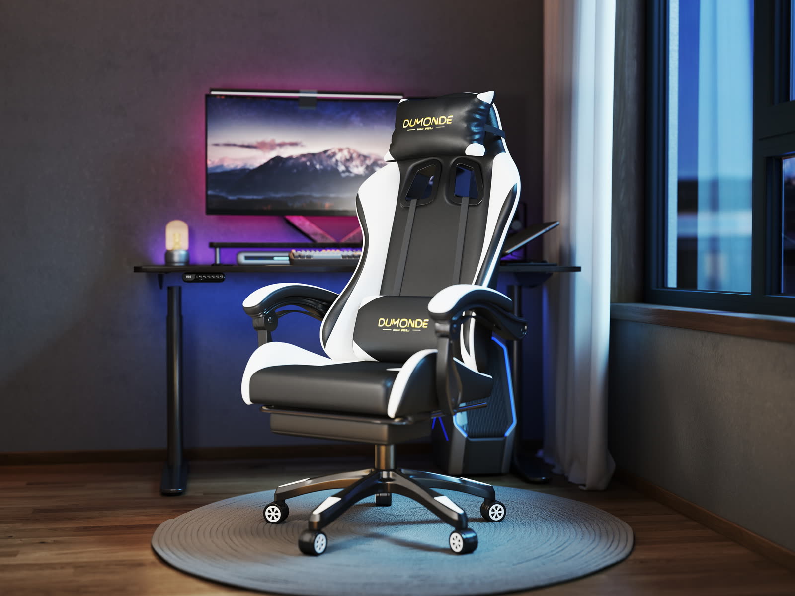 Scaun gaming Dumonde NIGHTFAL, mecanism multifuncțional, ecopiele, suport picioare, alb/negru