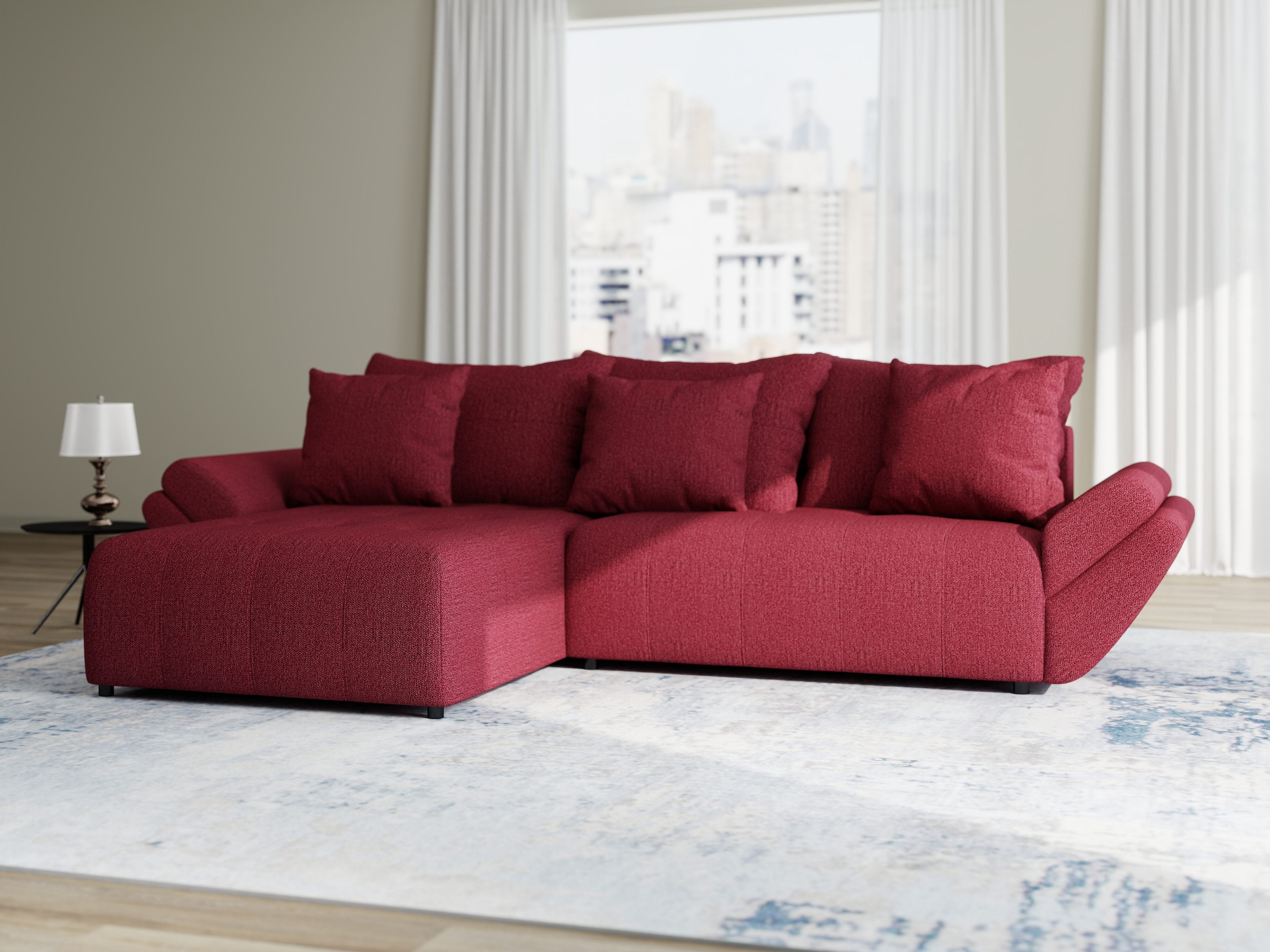 Colțar extensibil dumonde cu ladă de depozitare si sezut confortabil din spuma HR, Berlin Enjoy Rosu 280x185 cm