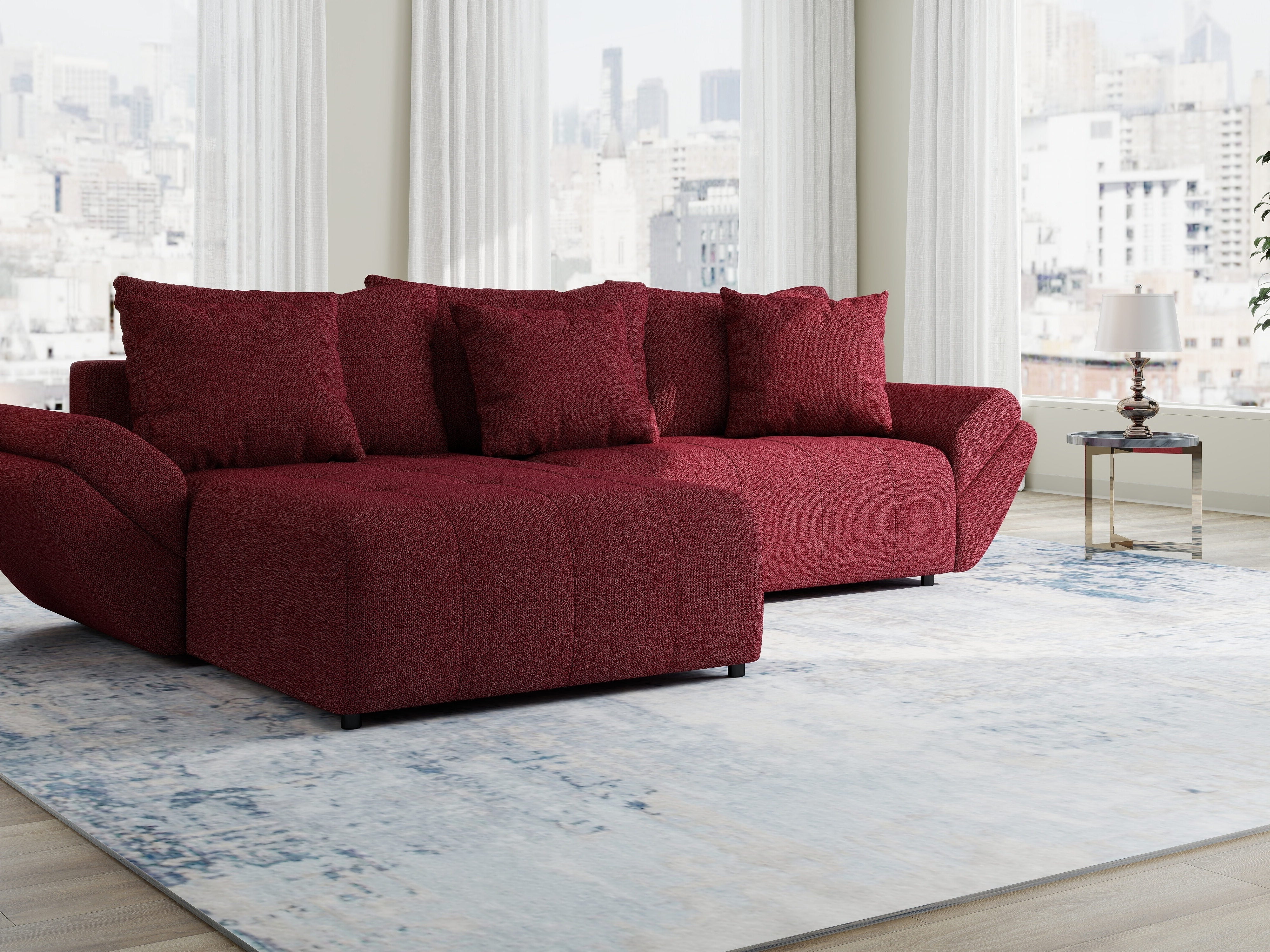 Colțar extensibil dumonde cu ladă de depozitare si sezut confortabil din spuma HR, Berlin Enjoy Rosu 280x185 cm