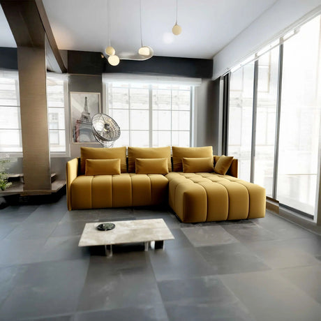 Colțar extensibil dumonde cu ladă de depozitare si sezut confortabil din spuma HR, Malta Muștar II 235x185 cm Fabrica
