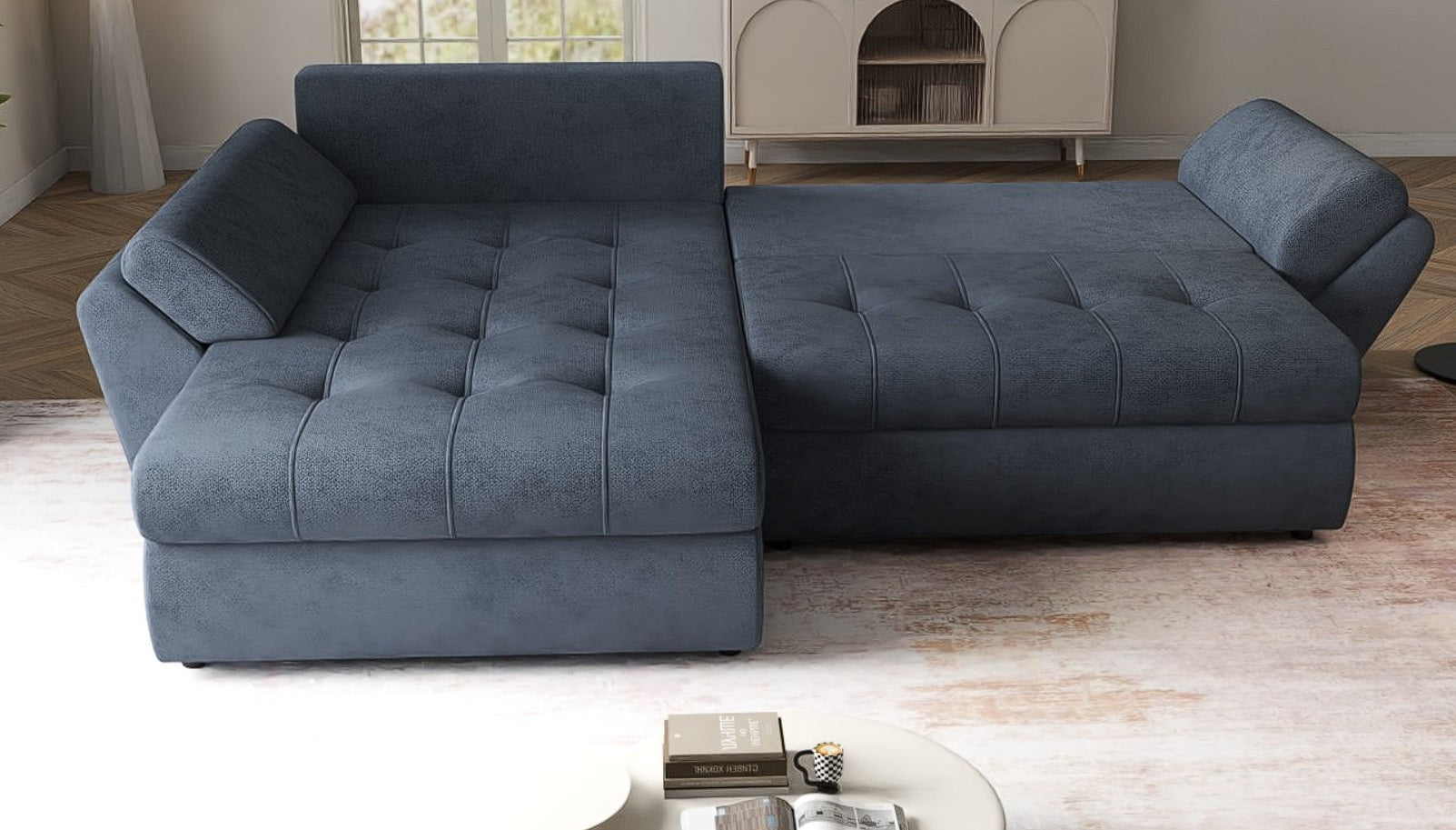 Colțar extensibil dumonde cu ladă de depozitare si sezut confortabil din spuma HR, Loana Antracit 270x185 cm Fabrica
