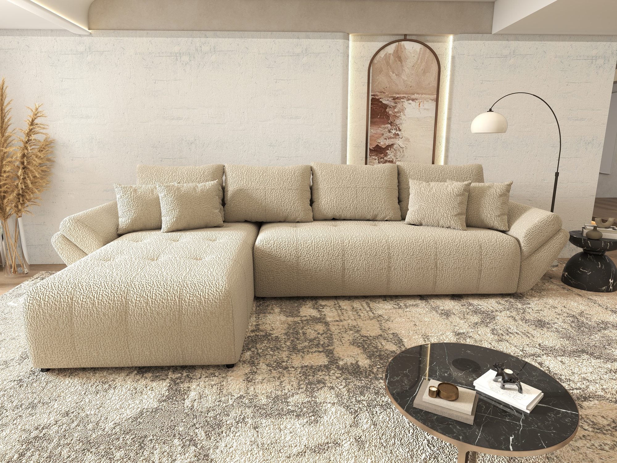 Colțar extensibil dumonde cu ladă de depozitare si sezut confortabil din spuma high-density, Berlin XL Jaguar Bej 4 350x185 cm