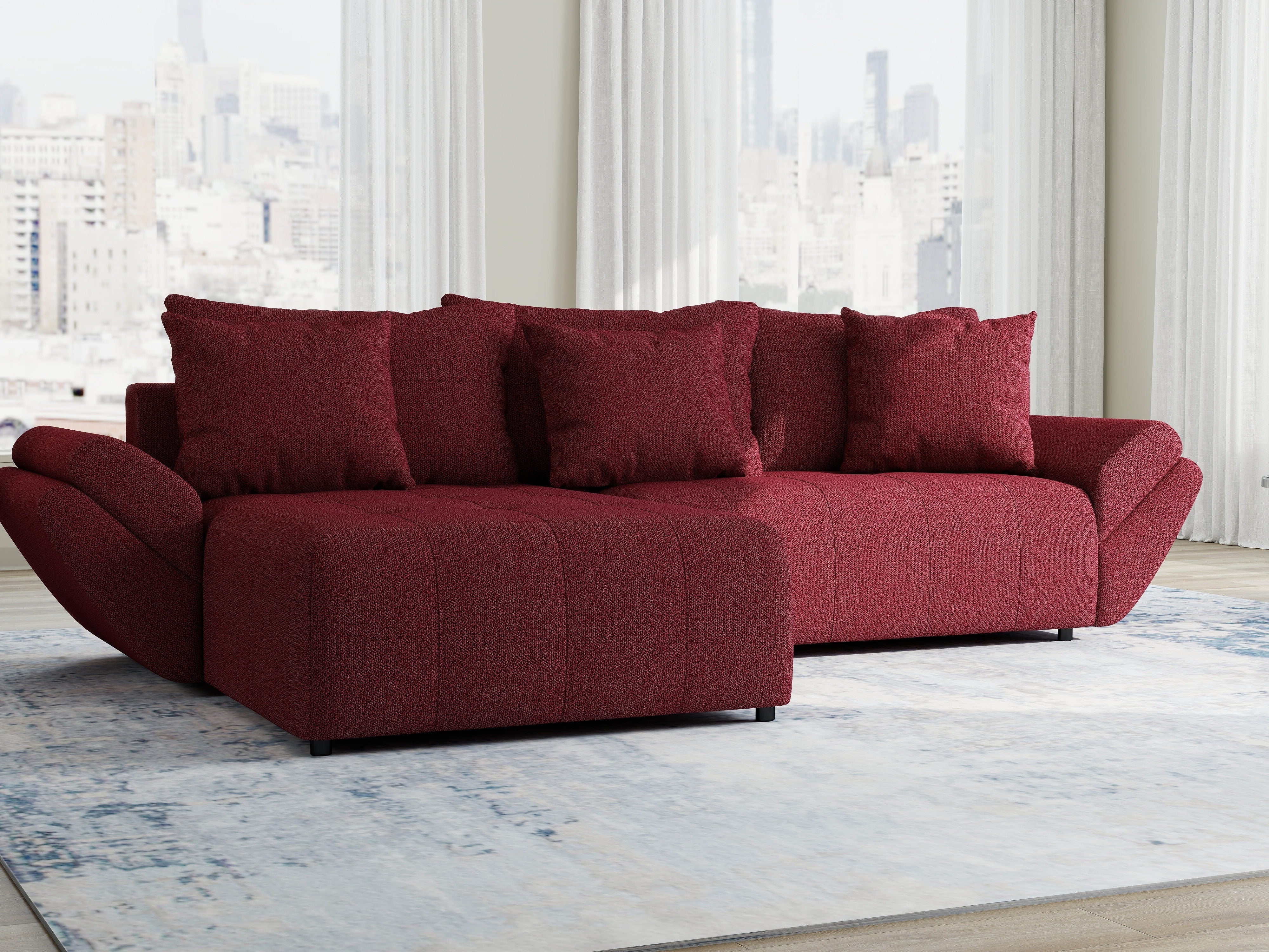 Colțar extensibil dumonde cu ladă de depozitare si sezut confortabil din spuma HR, Berlin Enjoy Rosu 280x185 cm