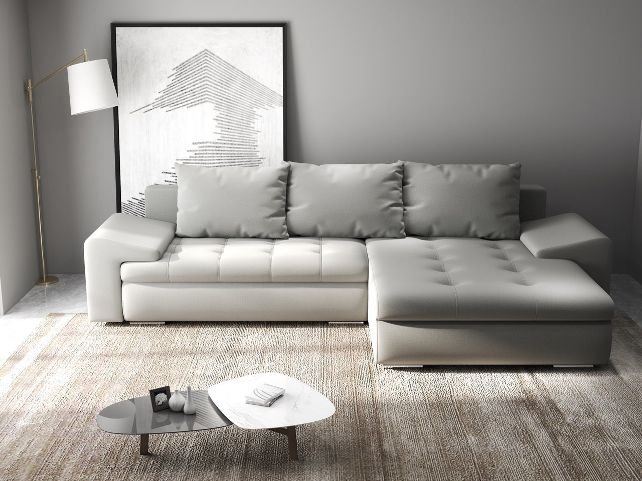 Colțar extensibil dumonde cu ladă de depozitare si sezut confortabil din spuma HR, Leonardo Royal Gri 255x193 cm II Fabrica
