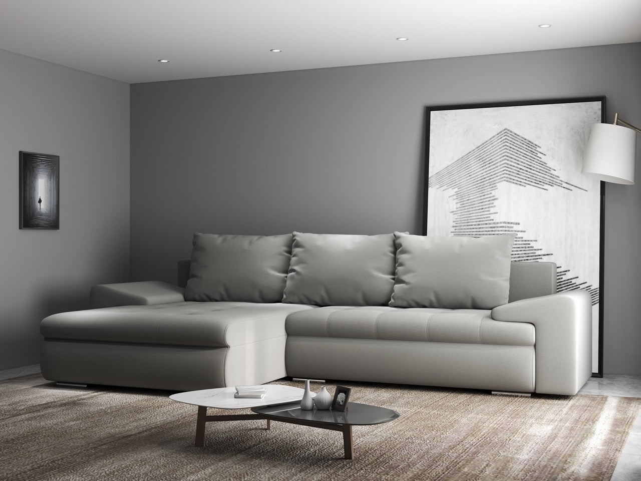 Colțar extensibil dumonde cu ladă de depozitare si sezut confortabil din spuma HR, Leonardo Royal Gri 255x193 cm Fabrica