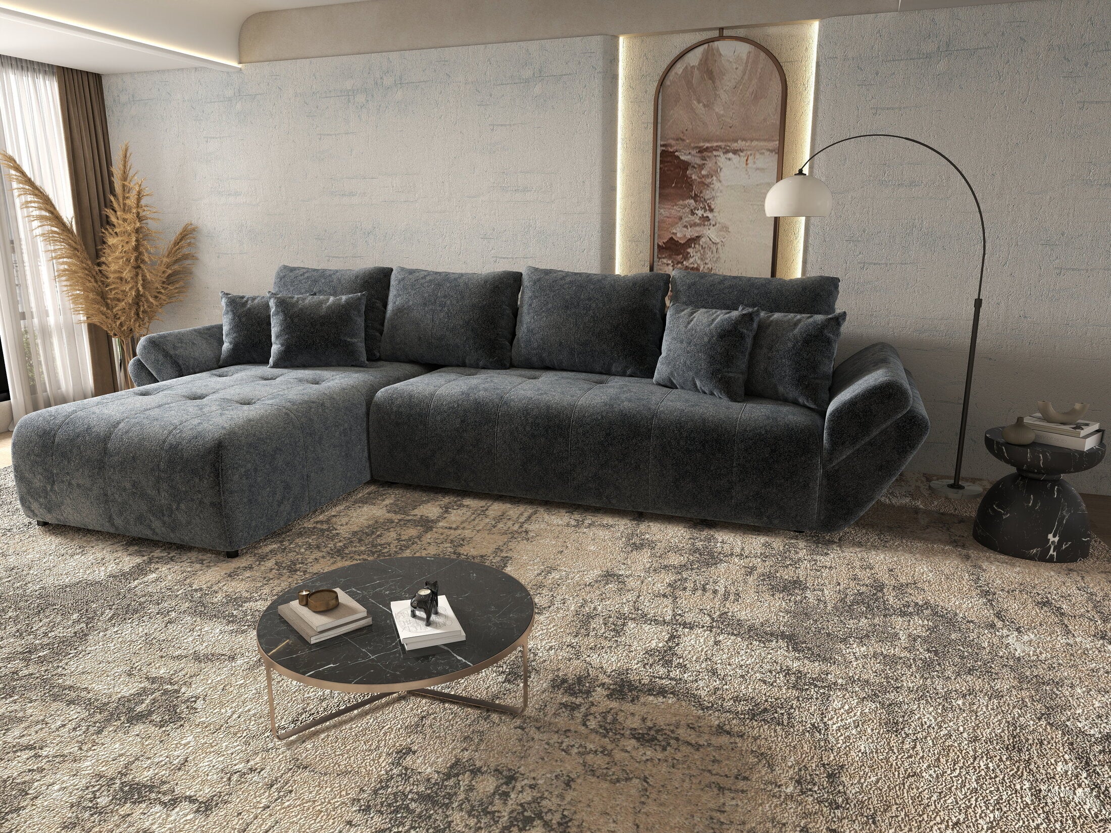 Colțar extensibil dumonde cu ladă de depozitare si sezut confortabil din spuma HR, Berlin XL Euphoria Graphite 350x185 cm