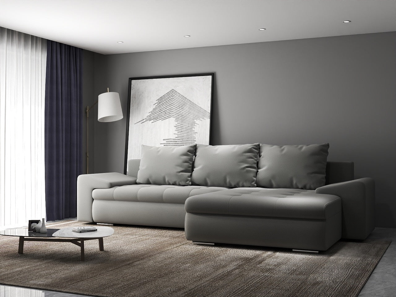 Colțar extensibil dumonde cu ladă de depozitare si sezut confortabil din spuma HR, Leonardo Royal Gri 255x193 cm II Fabrica