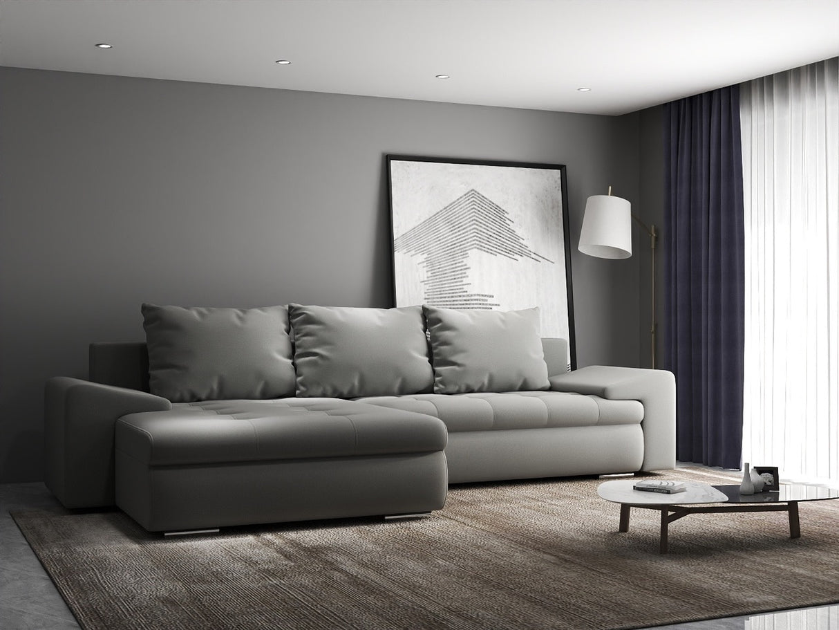Colțar extensibil dumonde cu ladă de depozitare si sezut confortabil din spuma HR, Leonardo Royal Gri 255x193 cm
