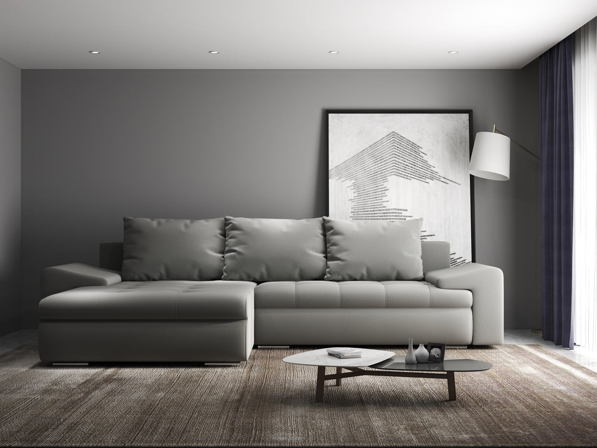 Colțar extensibil dumonde cu ladă de depozitare si sezut confortabil din spuma HR, Leonardo Royal Gri 255x193 cm