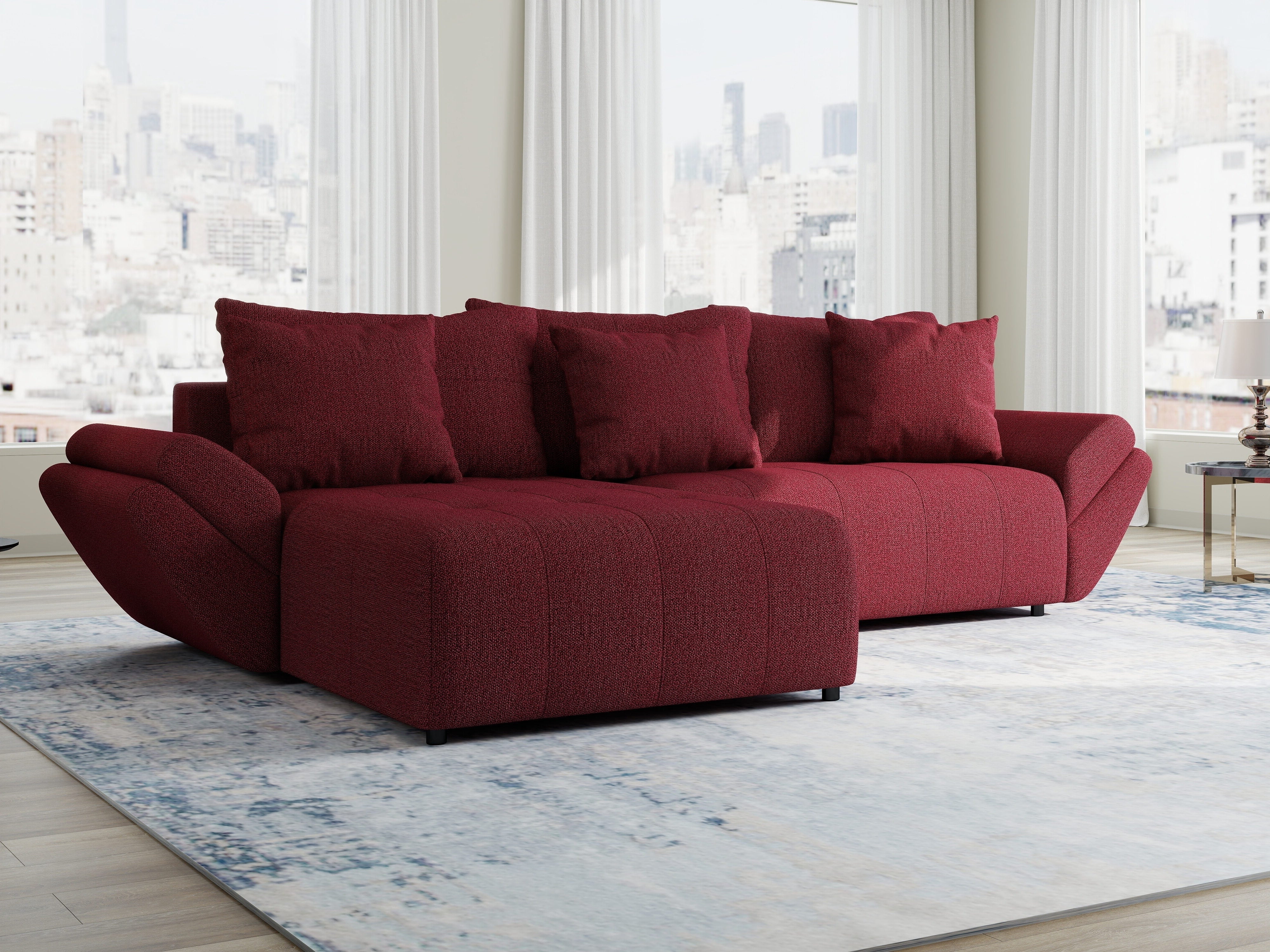 Colțar extensibil dumonde cu ladă de depozitare si sezut confortabil din spuma HR, Berlin Enjoy Rosu 280x185 cm