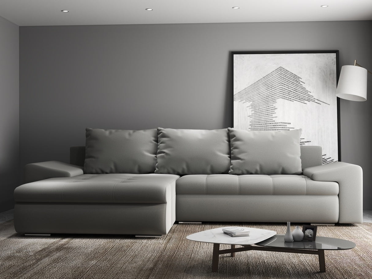Colțar extensibil dumonde cu ladă de depozitare si sezut confortabil din spuma HR, Leonardo Royal Gri 255x193 cm