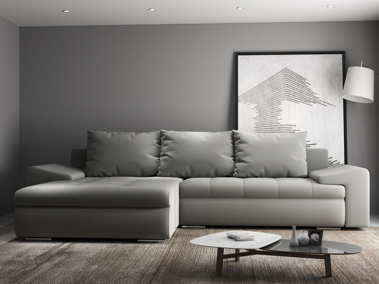 Colțar extensibil dumonde cu ladă de depozitare si sezut confortabil din spuma HR, Leonardo Royal Gri 255x193 cm Fabrica