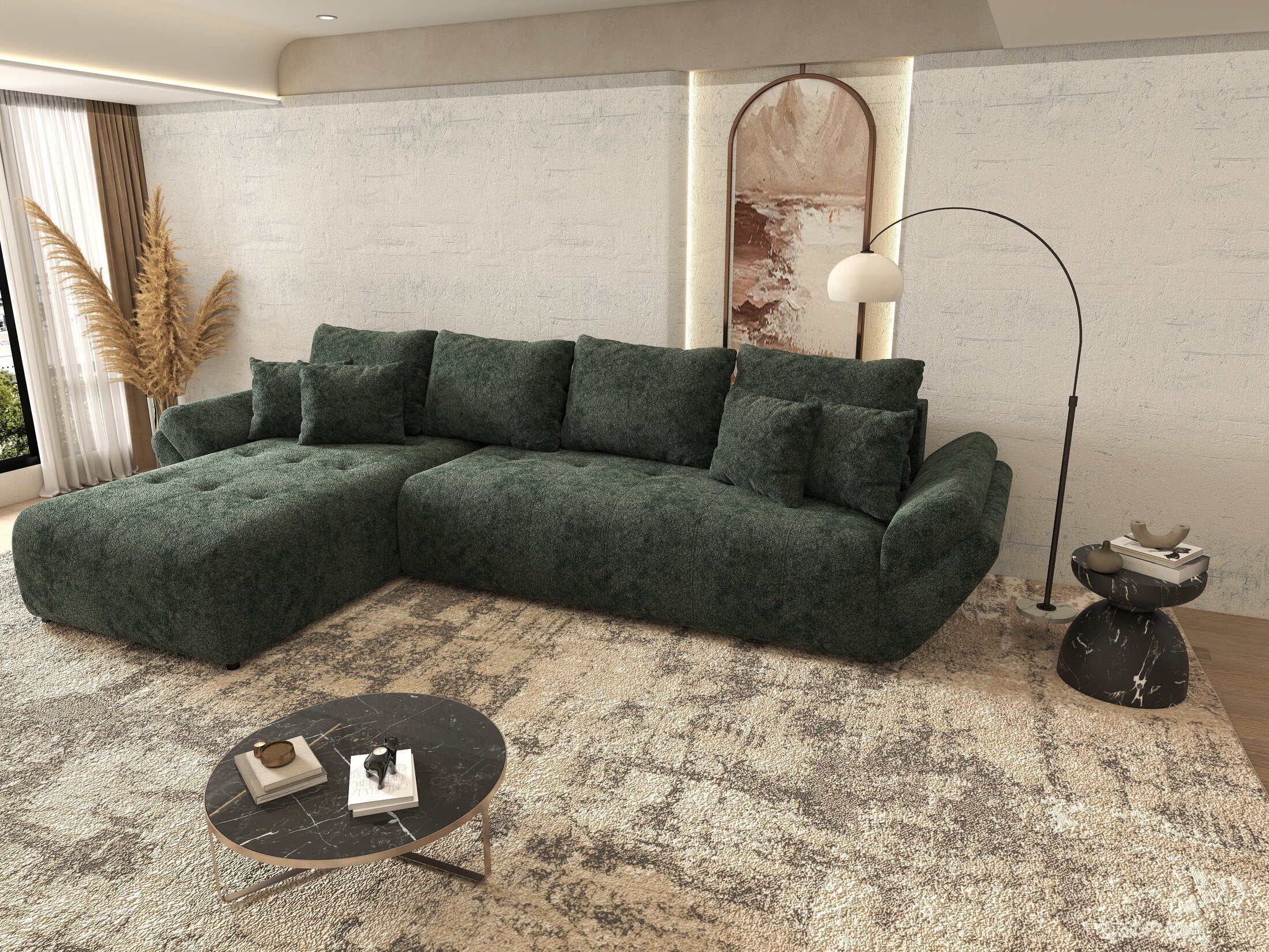 Colțar extensibil dumonde cu ladă de depozitare si sezut confortabil din spuma HR, Berlin XL Euphoria Green 350x185 cm