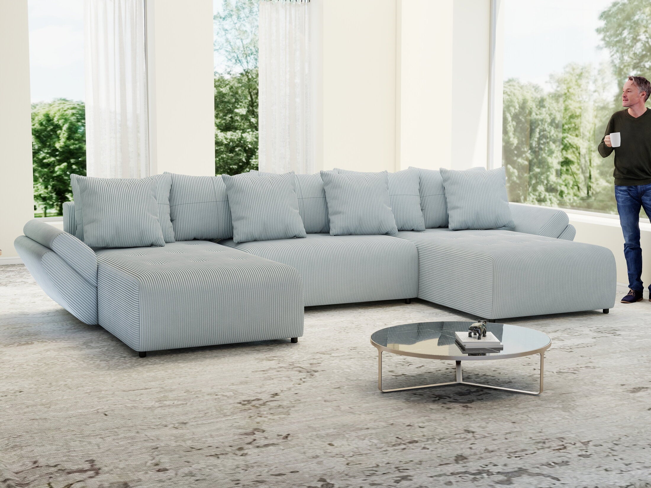 Colțar extensibil dumonde cu ladă de depozitare si sezut confortabil din spuma HR, Berlin U Zoom GREY 380x180 cm