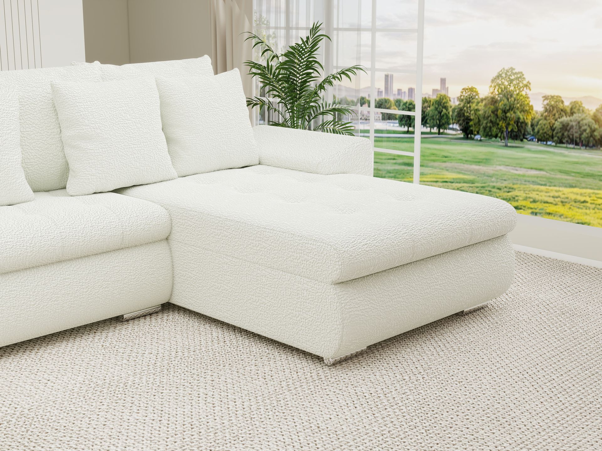 Colțar extensibil dumonde cu ladă de depozitare si sezut confortabil din spuma high-density, Leonardo U Jaguar Ivory 01 360x185 cm