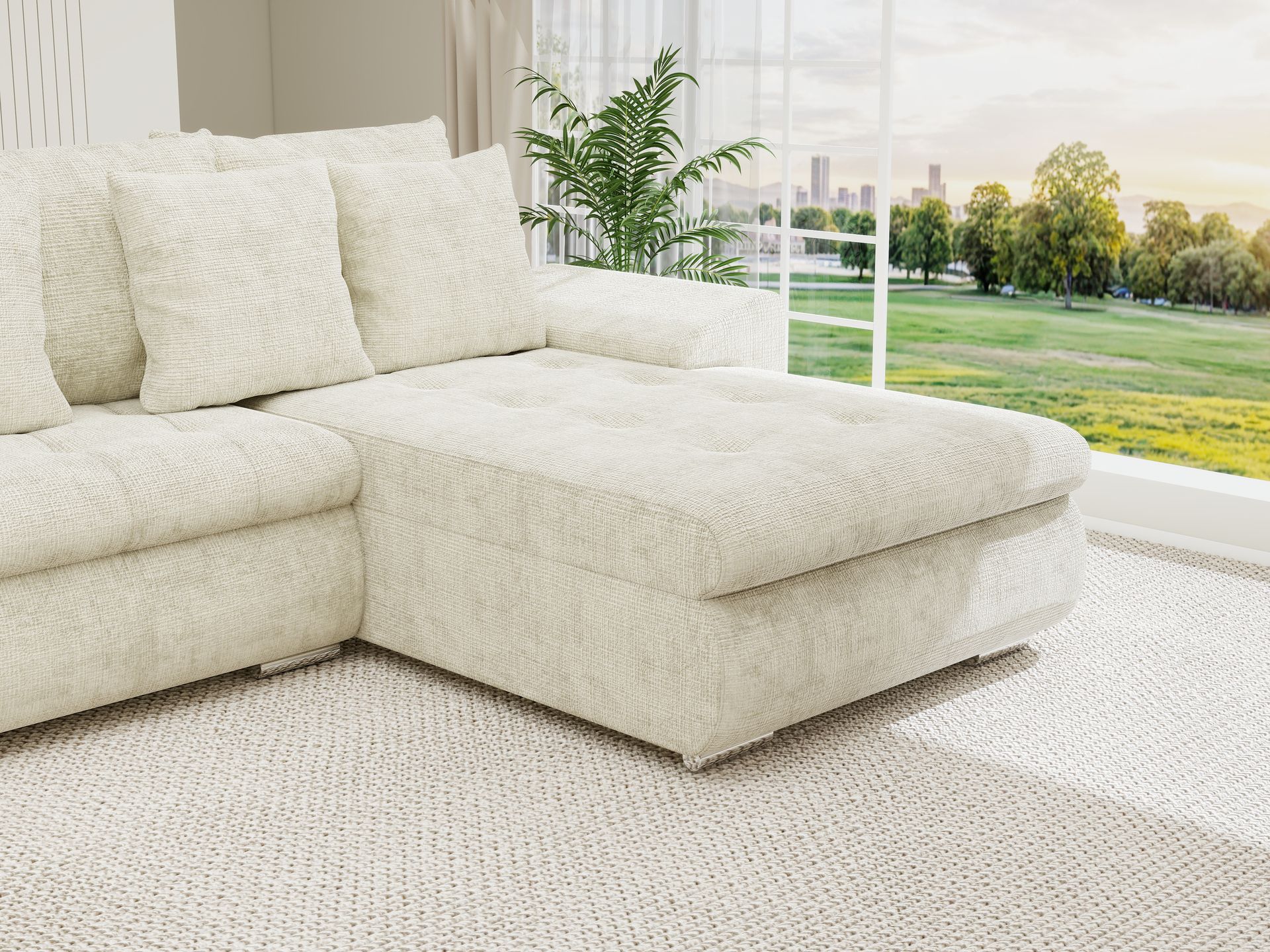 Colțar extensibil dumonde cu ladă de depozitare si sezut confortabil din spuma high-density, Leonardo U Cremona Bej 01 360x185 cm