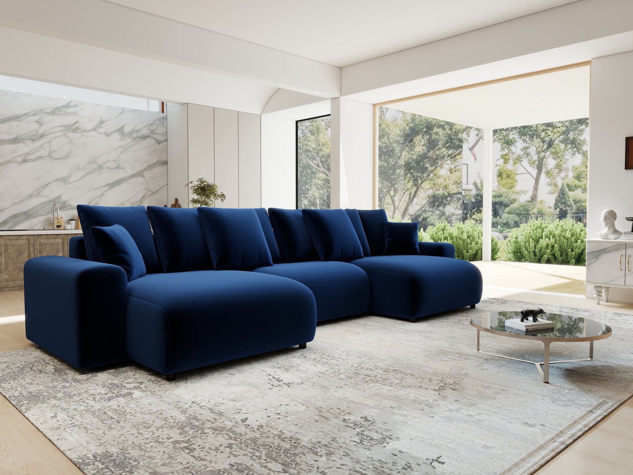 Colțar extensibil dumonde cu ladă de depozitare si sezut confortabil din spuma HR, Luma U Royal Albastru Navy 336x140 cm