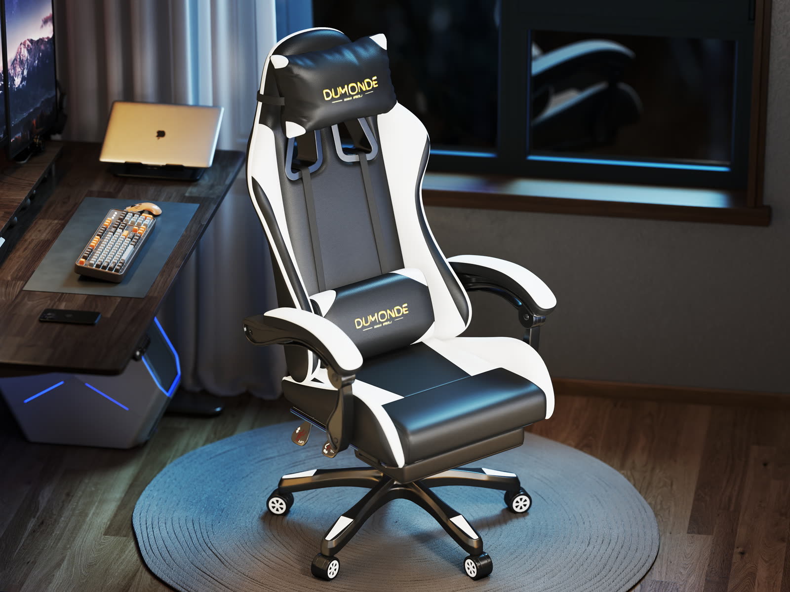 Scaun gaming Dumonde NIGHTFAL, mecanism multifuncțional, ecopiele, suport picioare, alb/negru