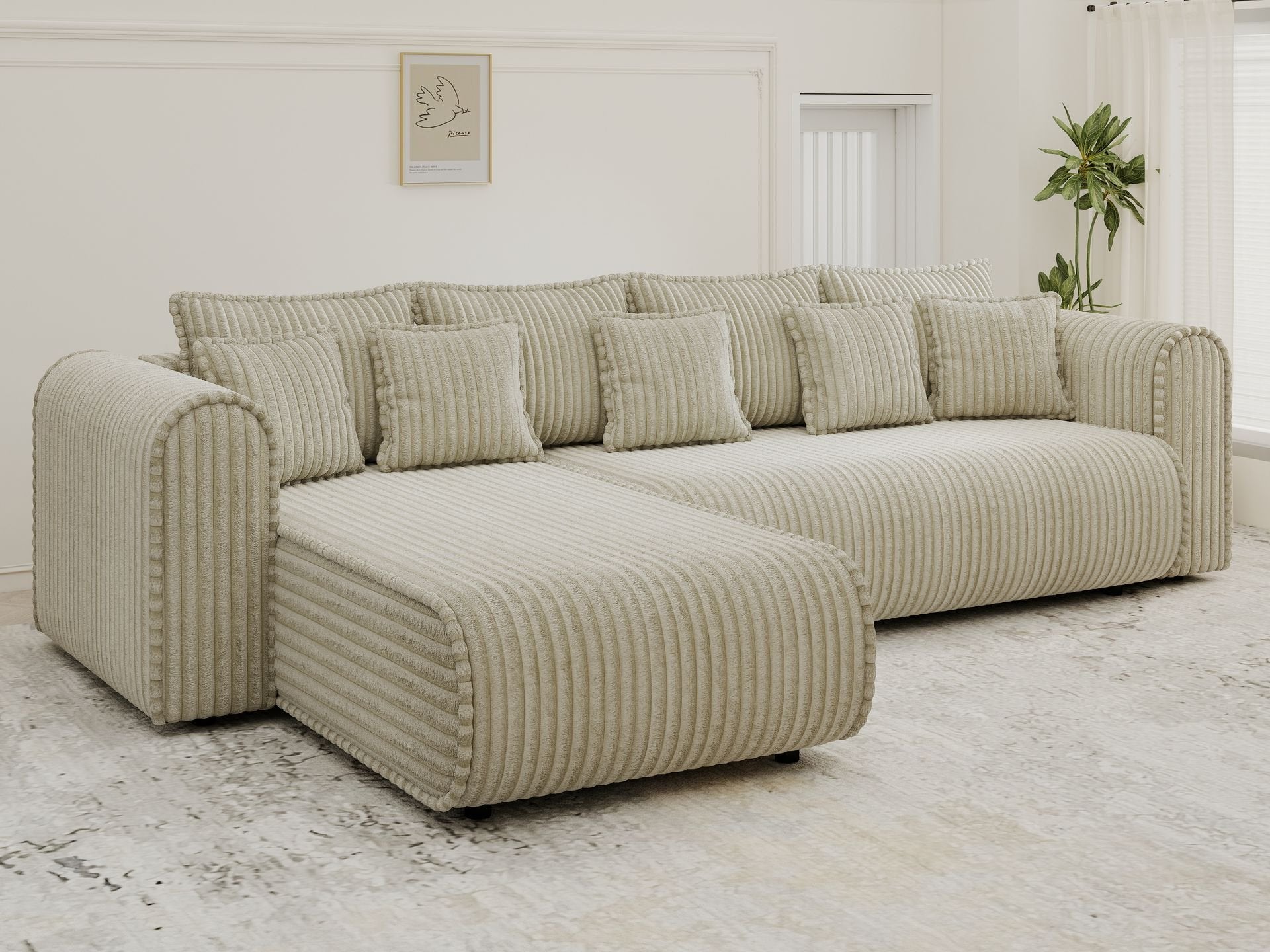 Colțar extensibil dumonde cu ladă de depozitare si sezut confortabil din spuma high-density, Monaco XL Tilia Bej 340x185 cm