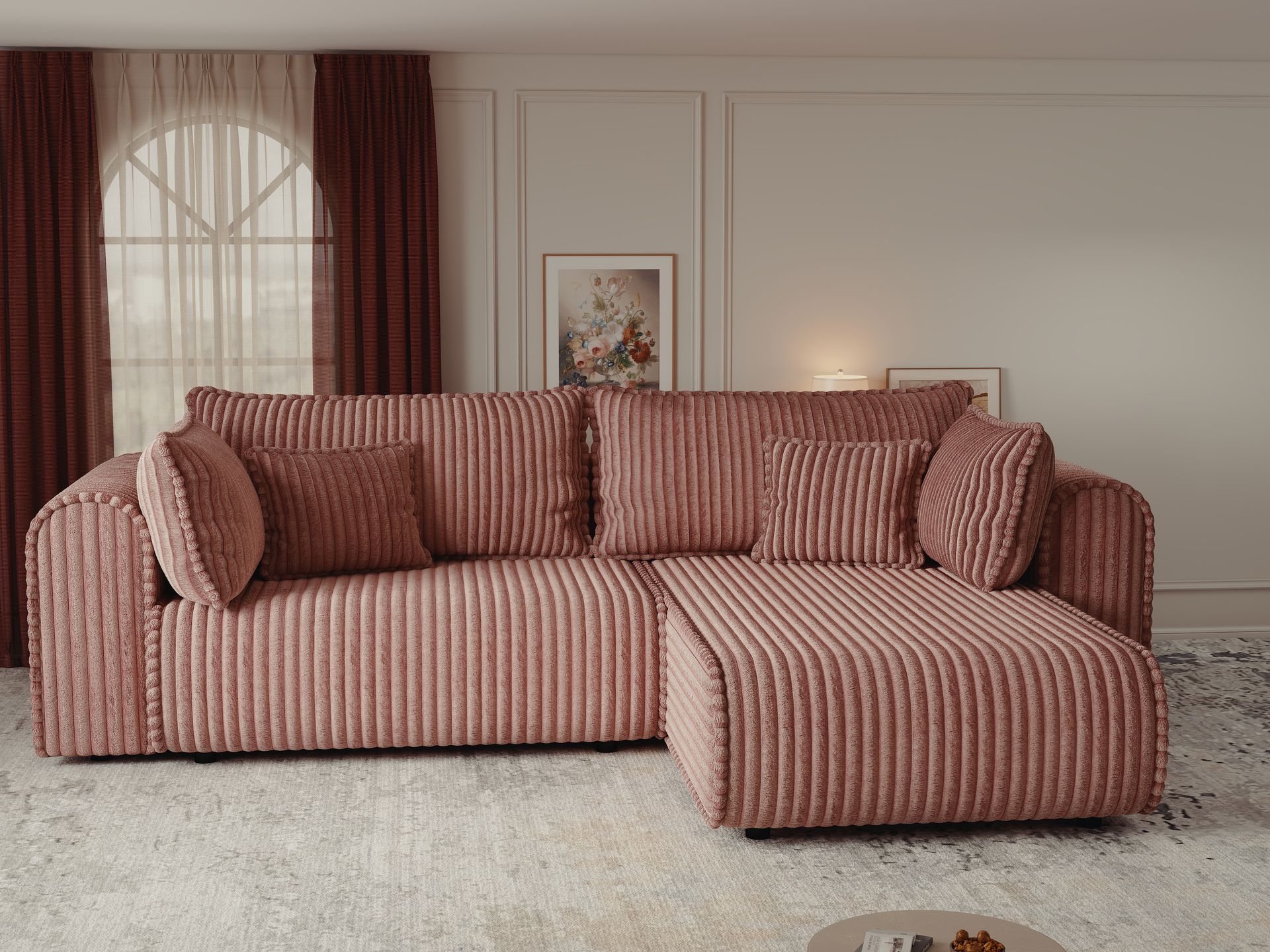 Colțar extensibil dumonde cu ladă de depozitare si sezut confortabil din spuma high-density, Monaco L Tilia Roz II 270x100 cm