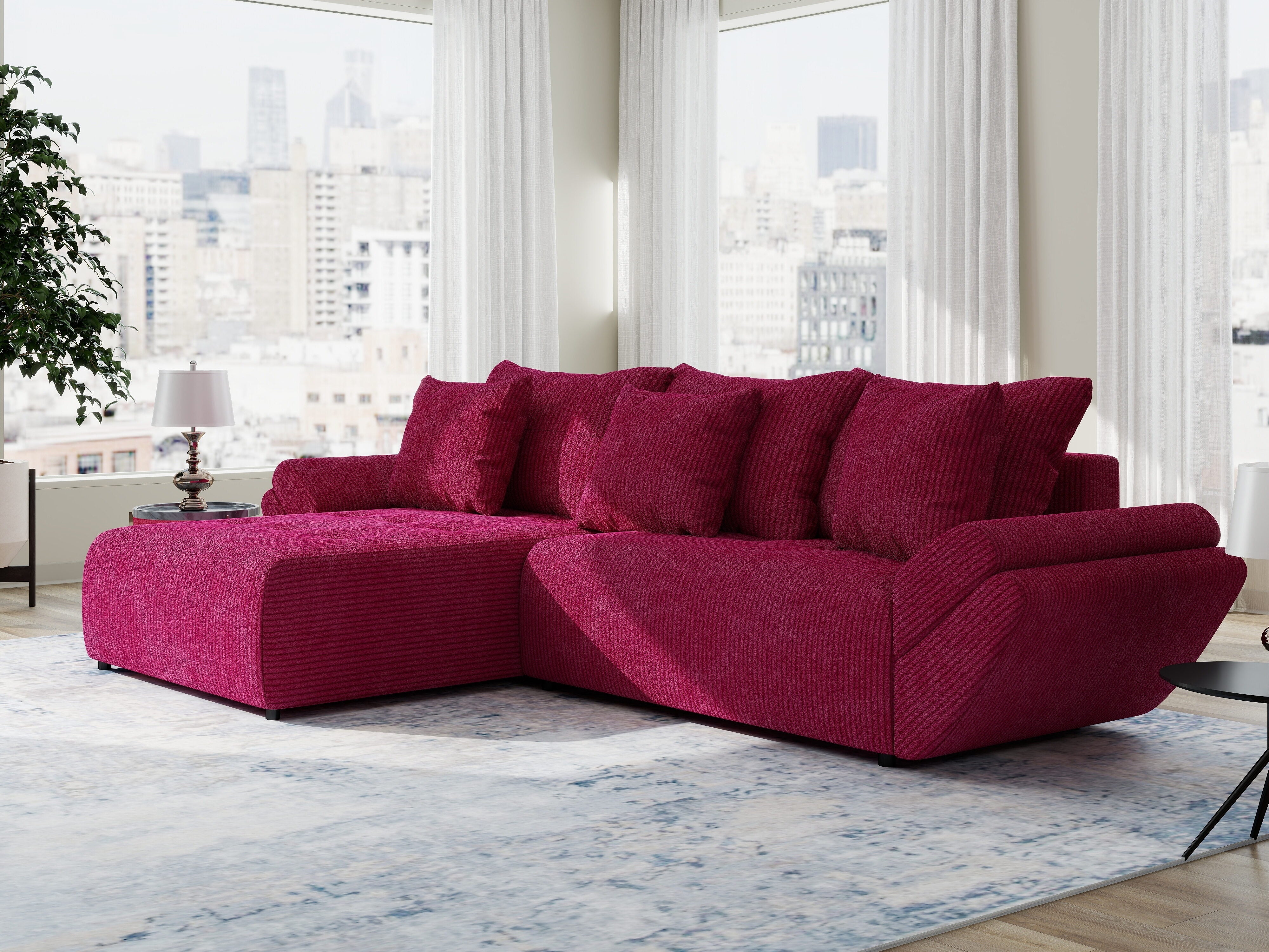 Colțar extensibil dumonde cu ladă de depozitare si sezut confortabil din spuma HR, Berlin Zoom Rosu 280x185 cm