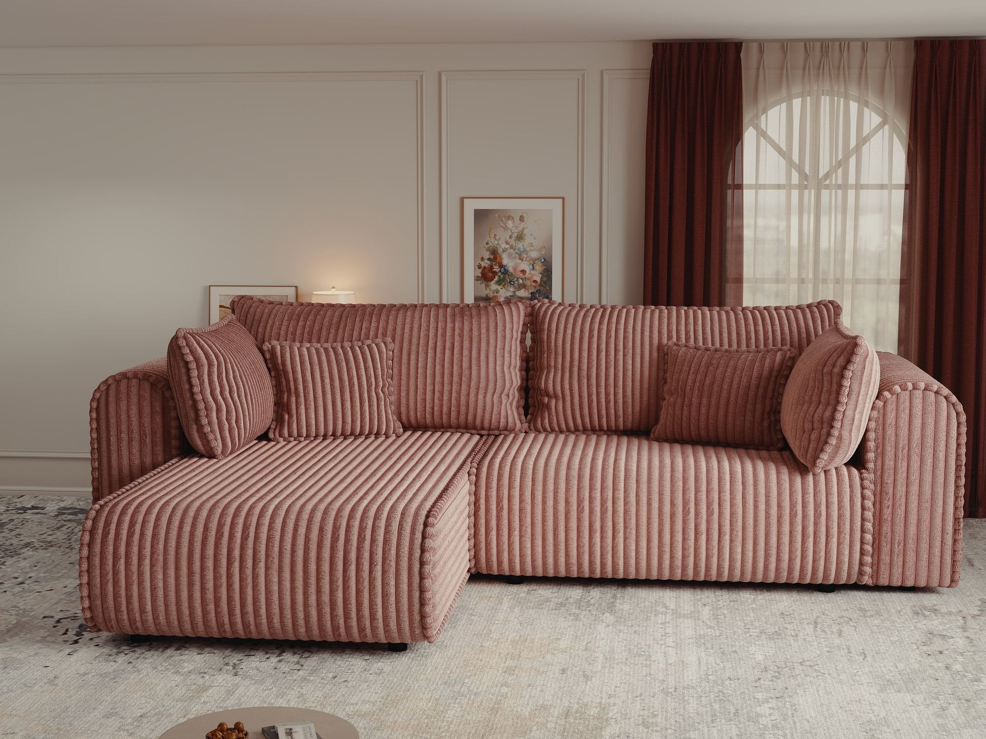 Colțar extensibil dumonde cu ladă de depozitare si sezut confortabil din spuma high-density, Monaco L Tilia Roz 270x100 cm