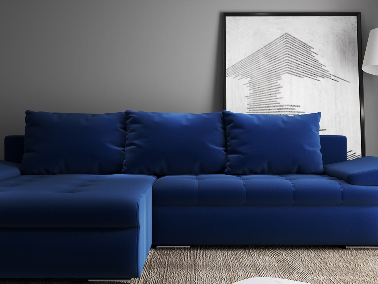 Colțar extensibil dumonde cu ladă de depozitare si sezut confortabil din spuma HR, Leonardo Royal Albastru 255x193 cm