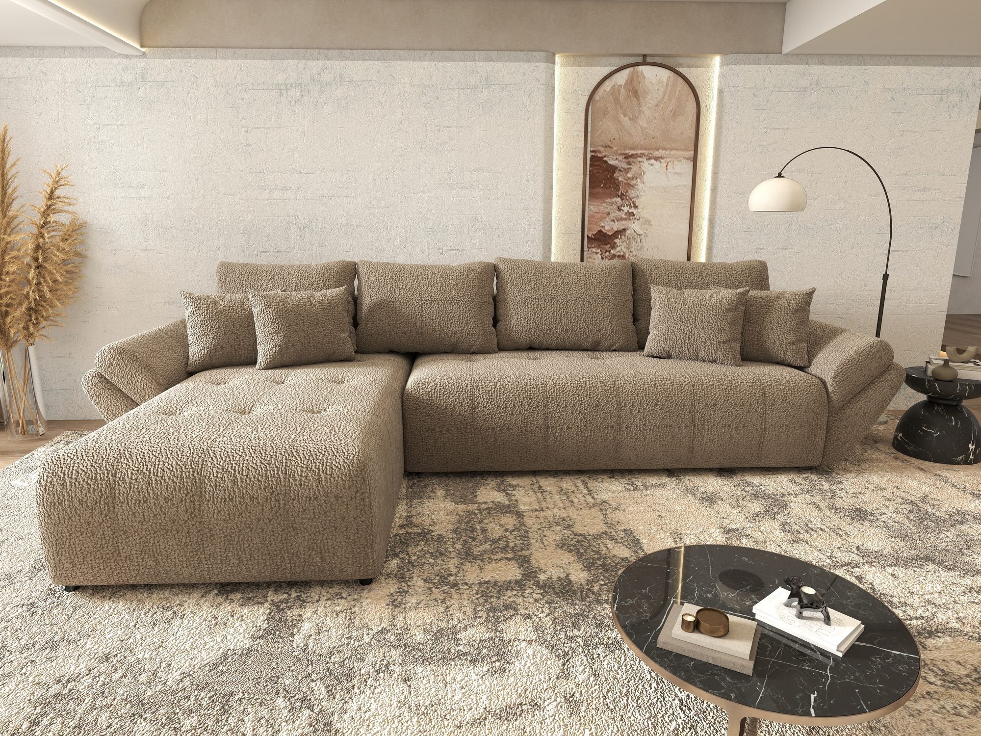 Colțar extensibil dumonde cu ladă de depozitare si sezut confortabil din spuma high-density, Berlin XL Jaguar Maro Cappuccino 8 350x185 cm