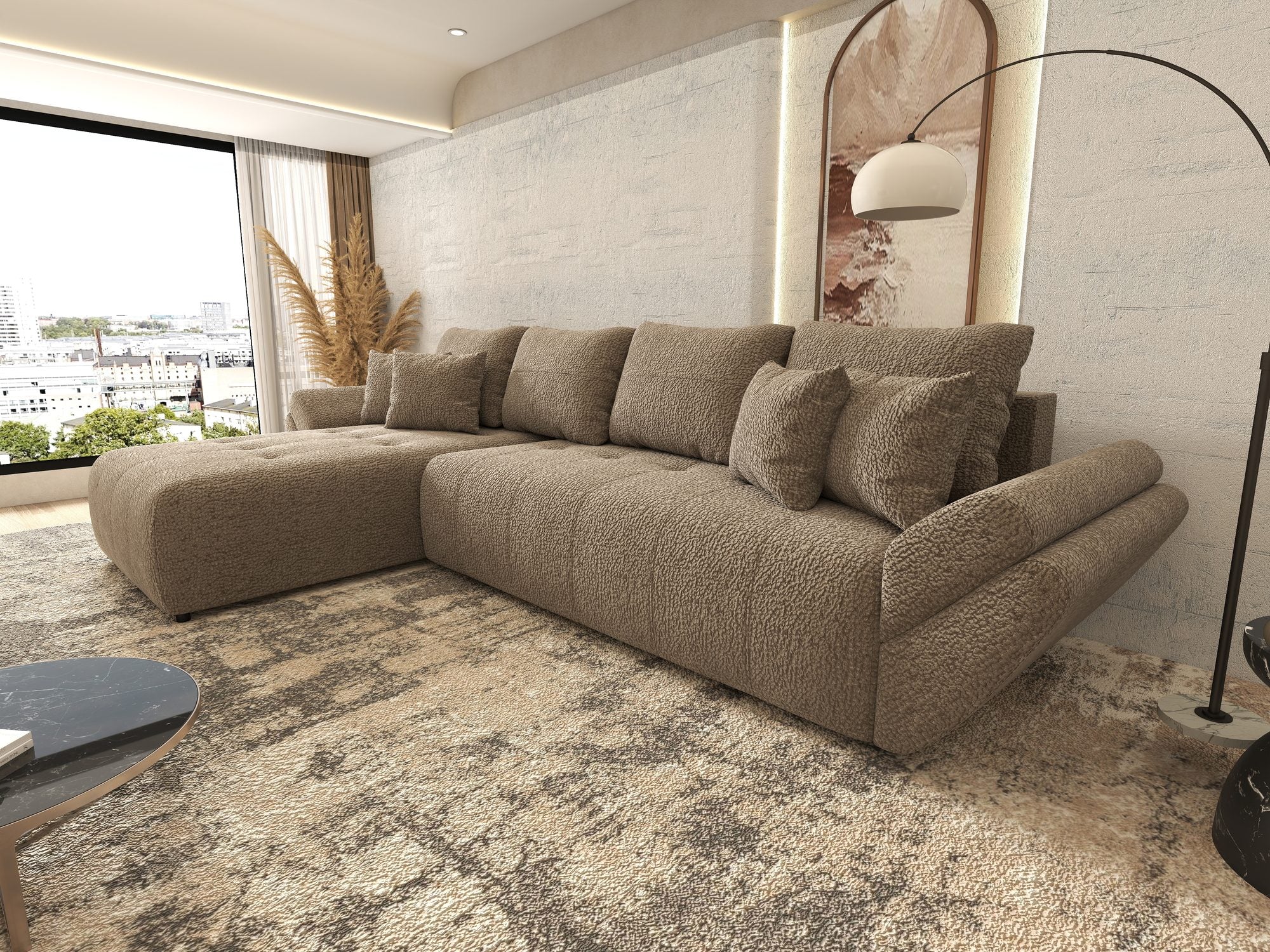 Colțar extensibil dumonde cu ladă de depozitare si sezut confortabil din spuma high-density, Berlin XL Jaguar Maro Cappuccino 8 350x185 cm