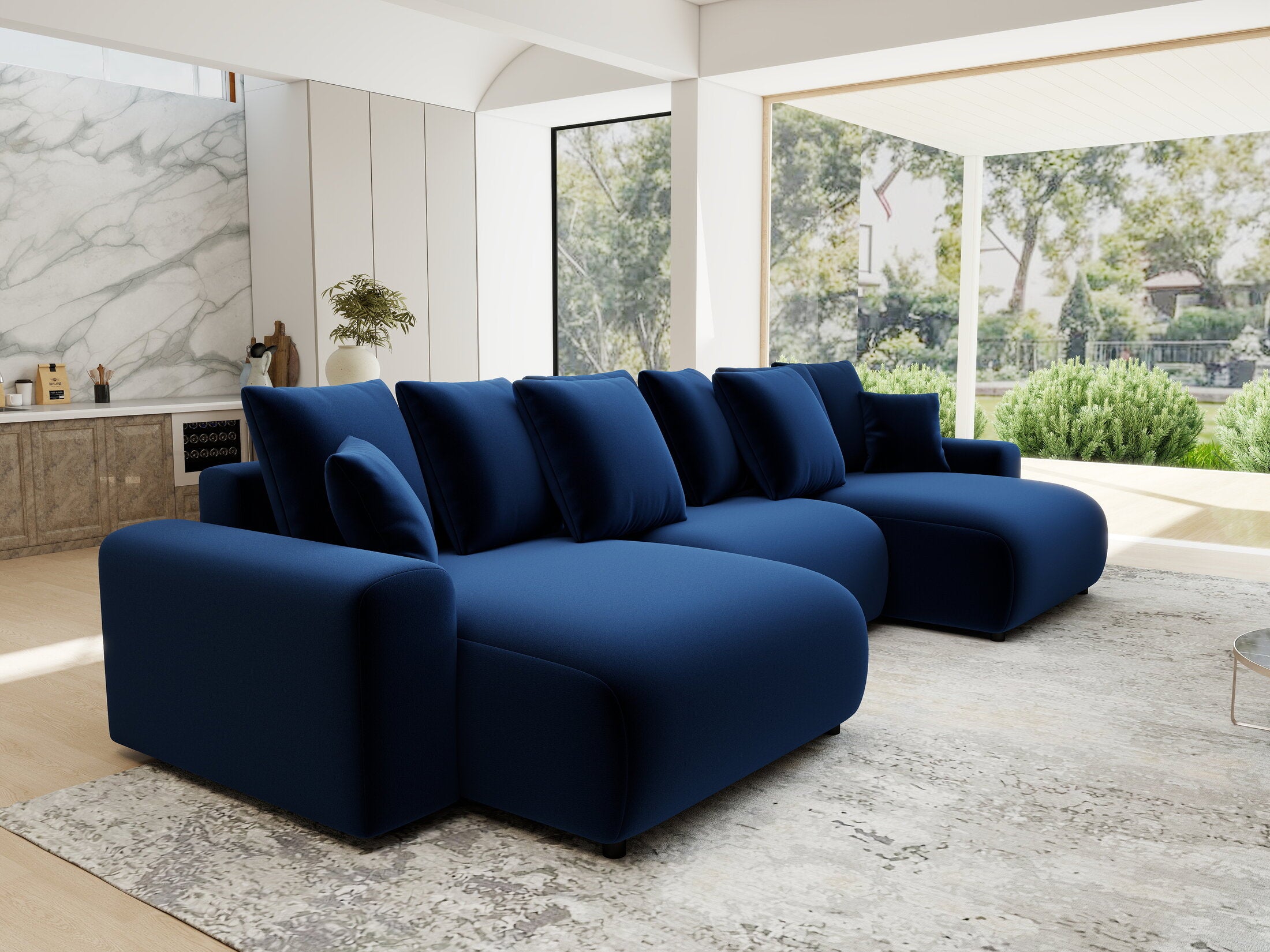 Colțar extensibil dumonde cu ladă de depozitare si sezut confortabil din spuma HR, Luma U Royal Albastru Navy 336x140 cm