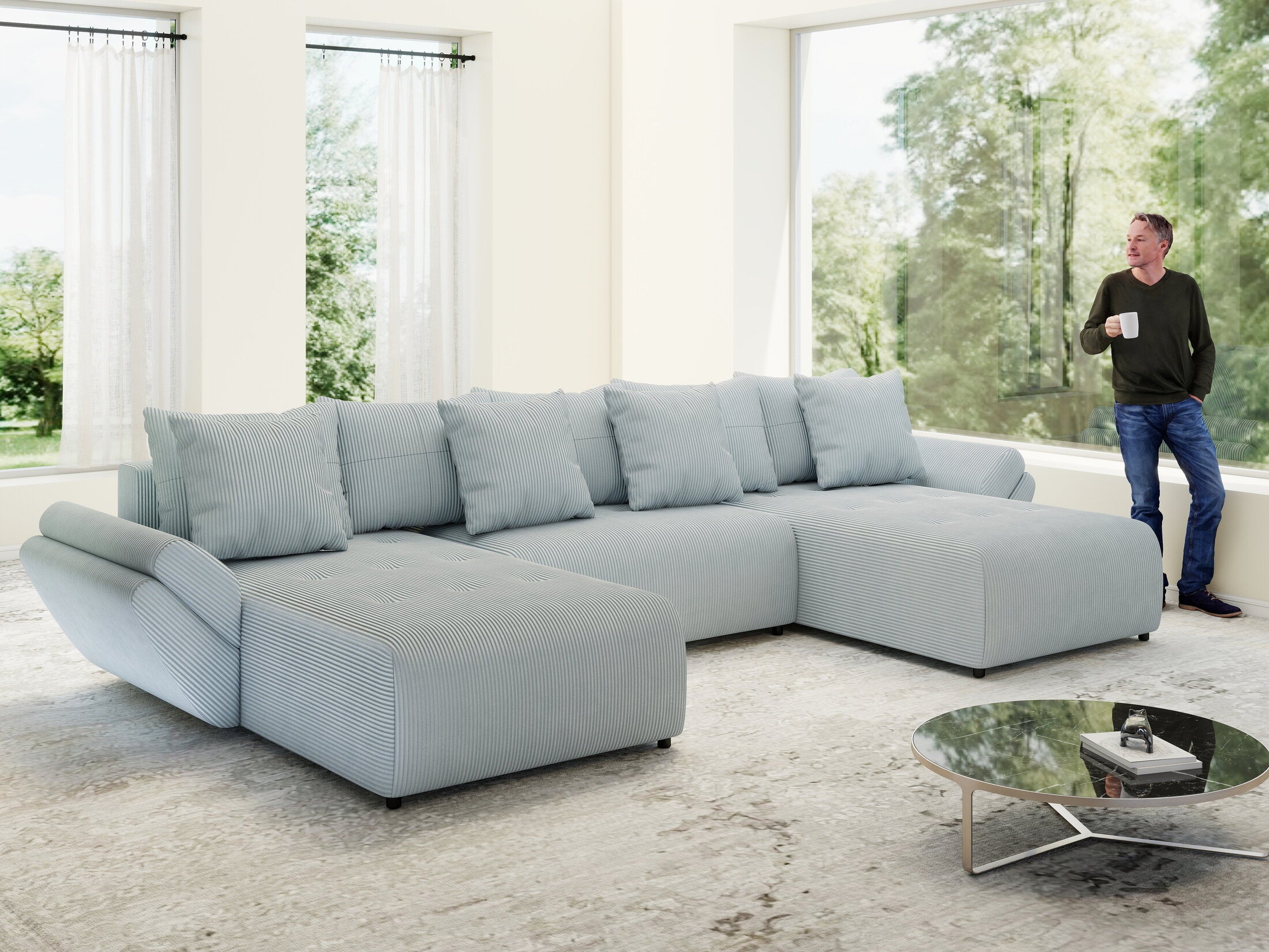 Colțar extensibil dumonde cu ladă de depozitare si sezut confortabil din spuma HR, Berlin U Zoom GREY 380x180 cm