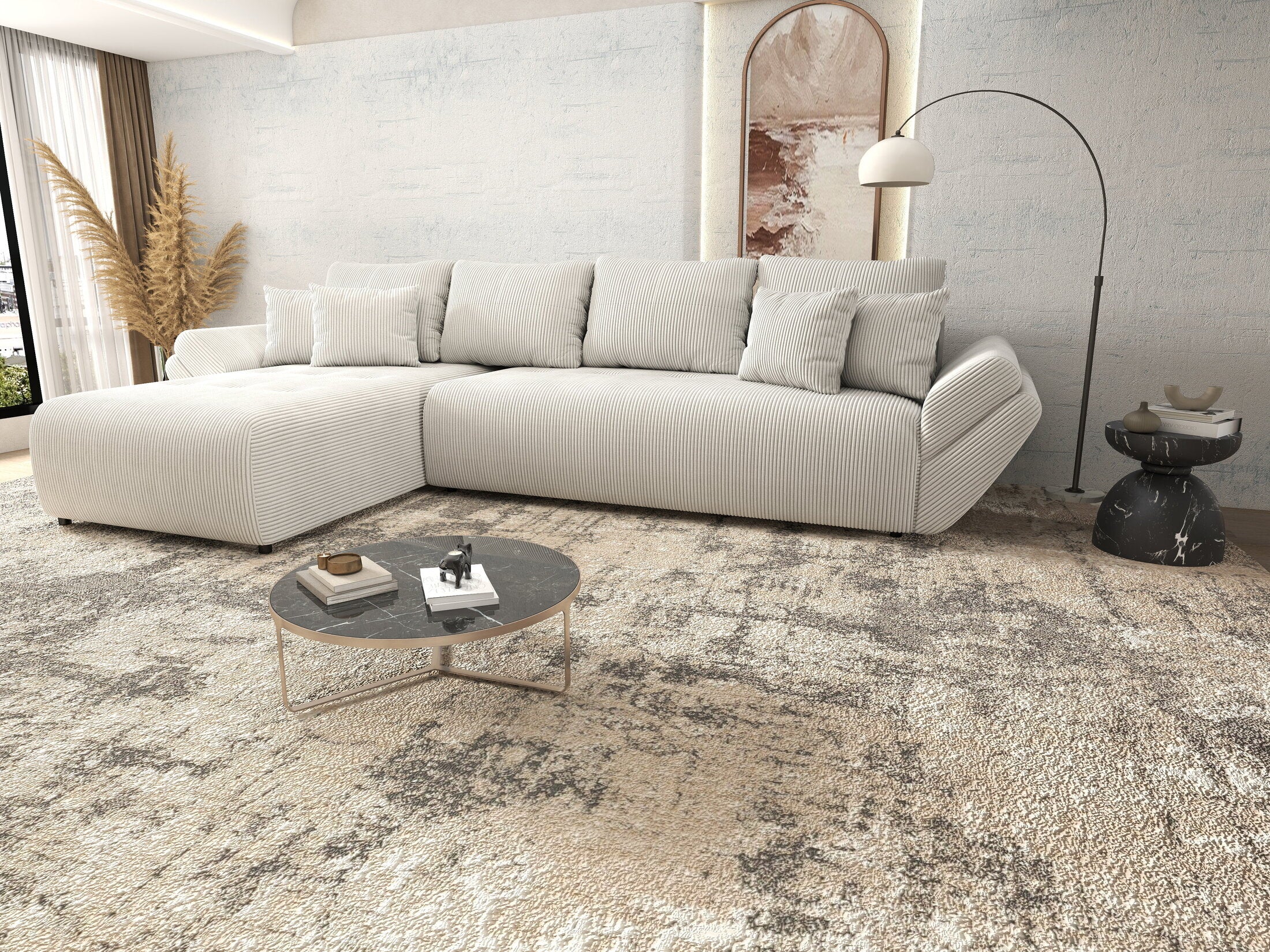 Colțar extensibil dumonde cu ladă de depozitare si sezut confortabil din spuma HR, Berlin XL Zoom Crem 350x185 cm