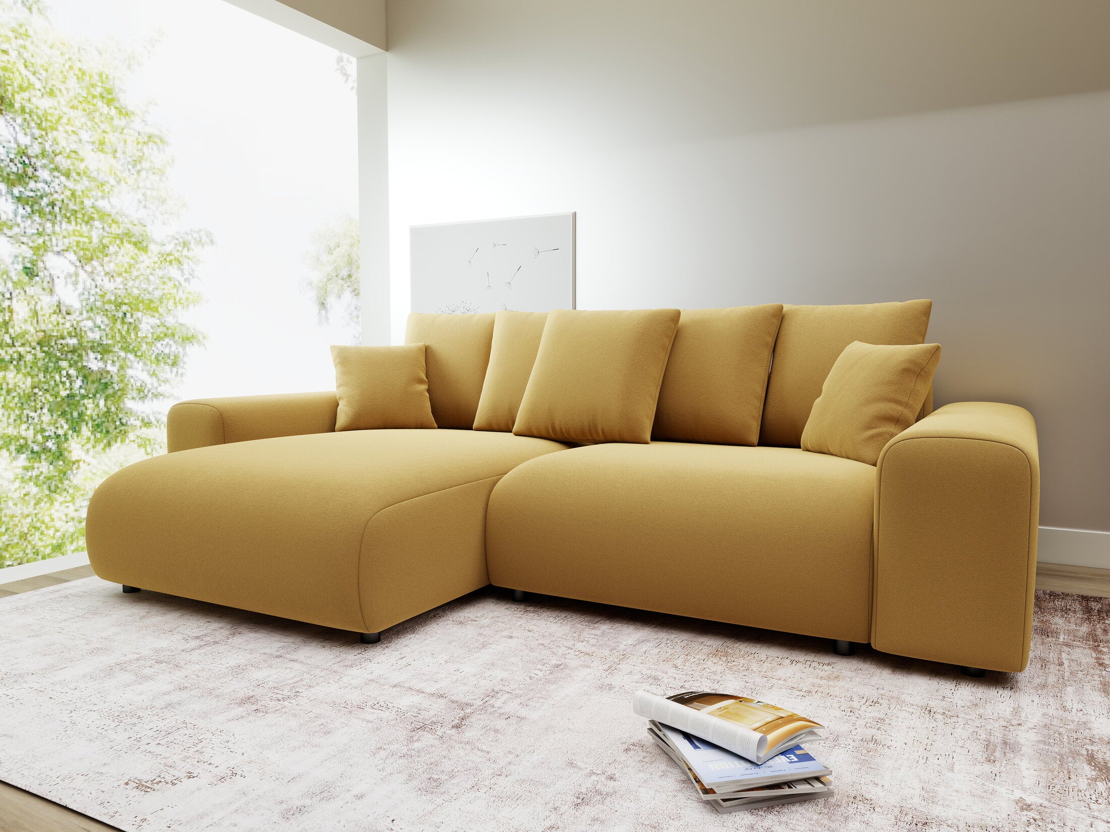 Colțar extensibil dumonde cu ladă de depozitare și șezut confortabil din spumă HR, Luma Royal Mustar 255x168 cm