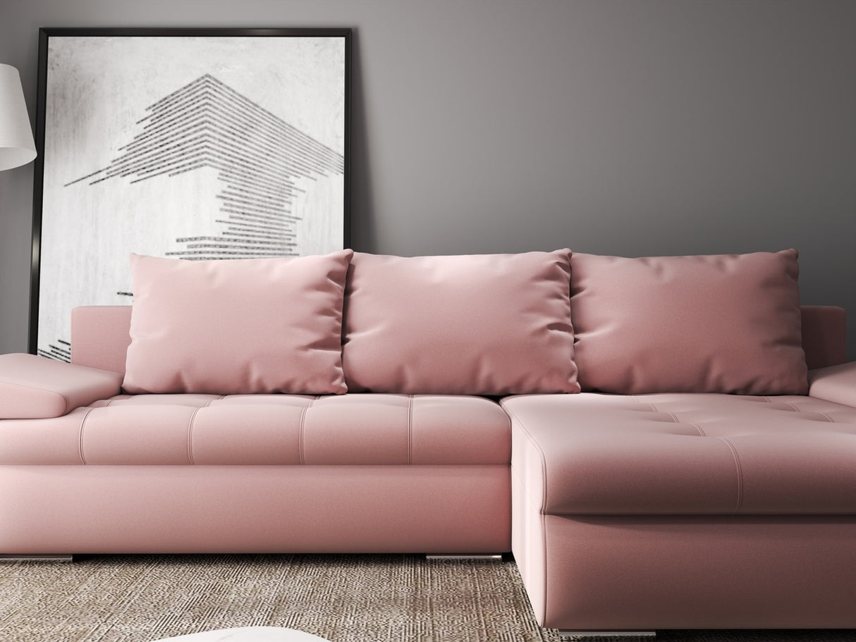 Colțar extensibil dumonde cu ladă de depozitare si sezut confortabil din spuma HR, Leonardo Royal Roz 255x193 cm II