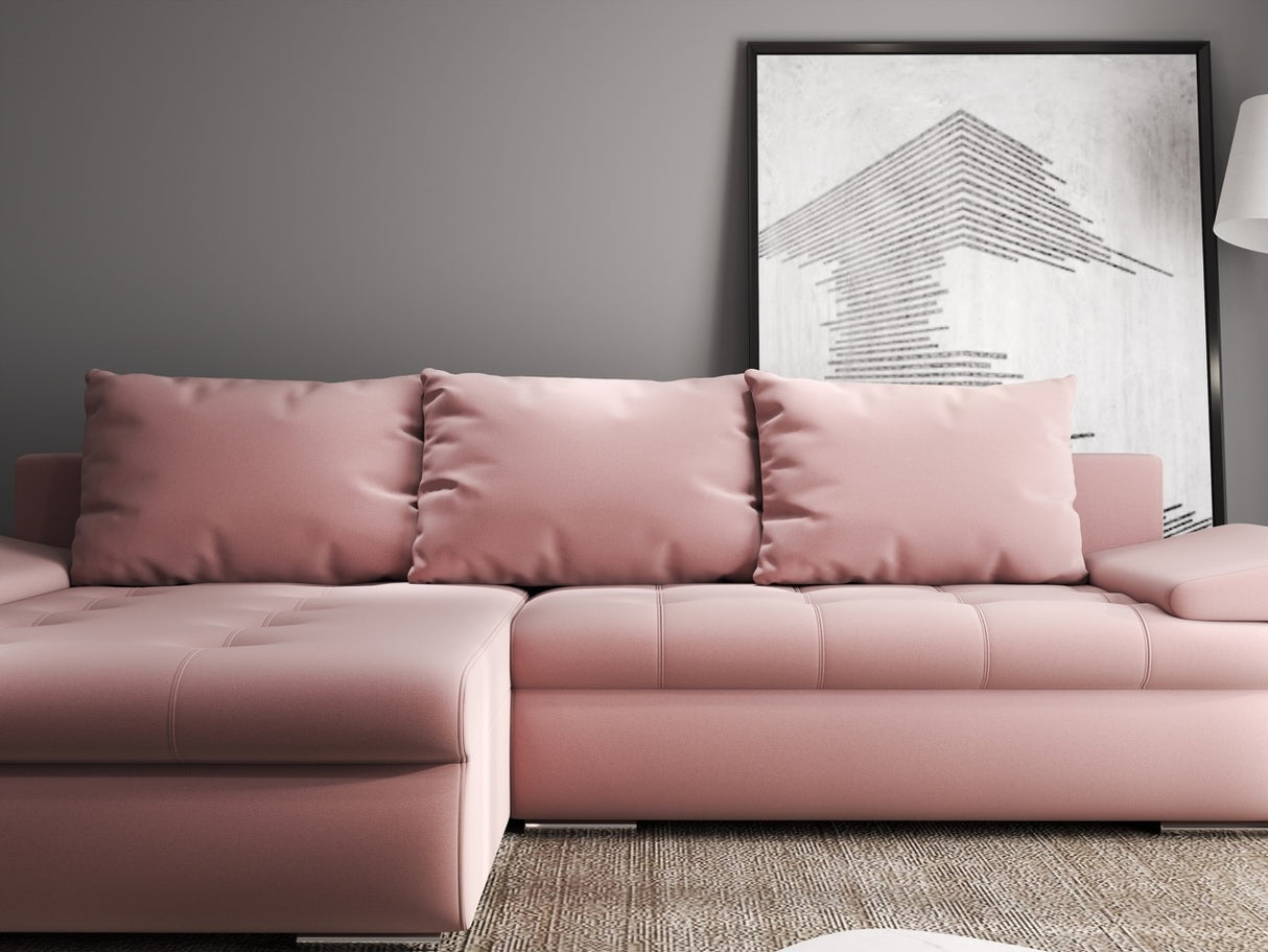 Colțar extensibil dumonde cu ladă de depozitare si sezut confortabil din spuma HR, Leonardo Royal Roz 255x193 cm