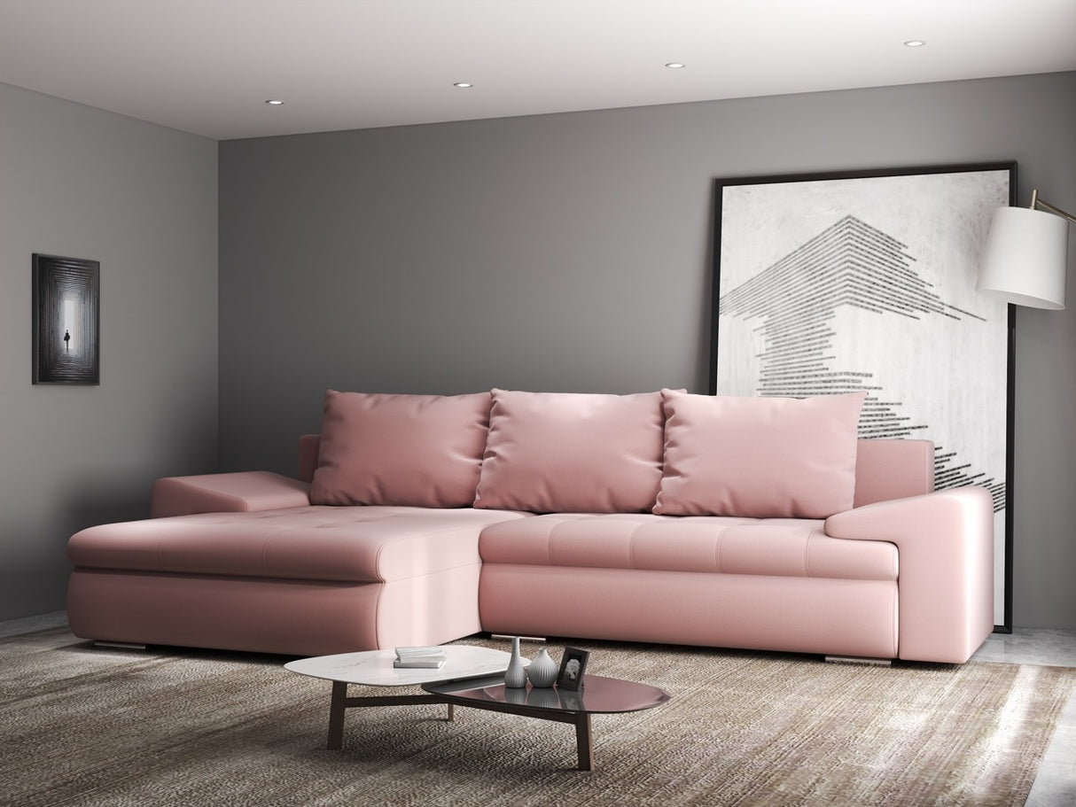 Colțar extensibil dumonde cu ladă de depozitare si sezut confortabil din spuma HR, Leonardo Royal Roz 255x193 cm
