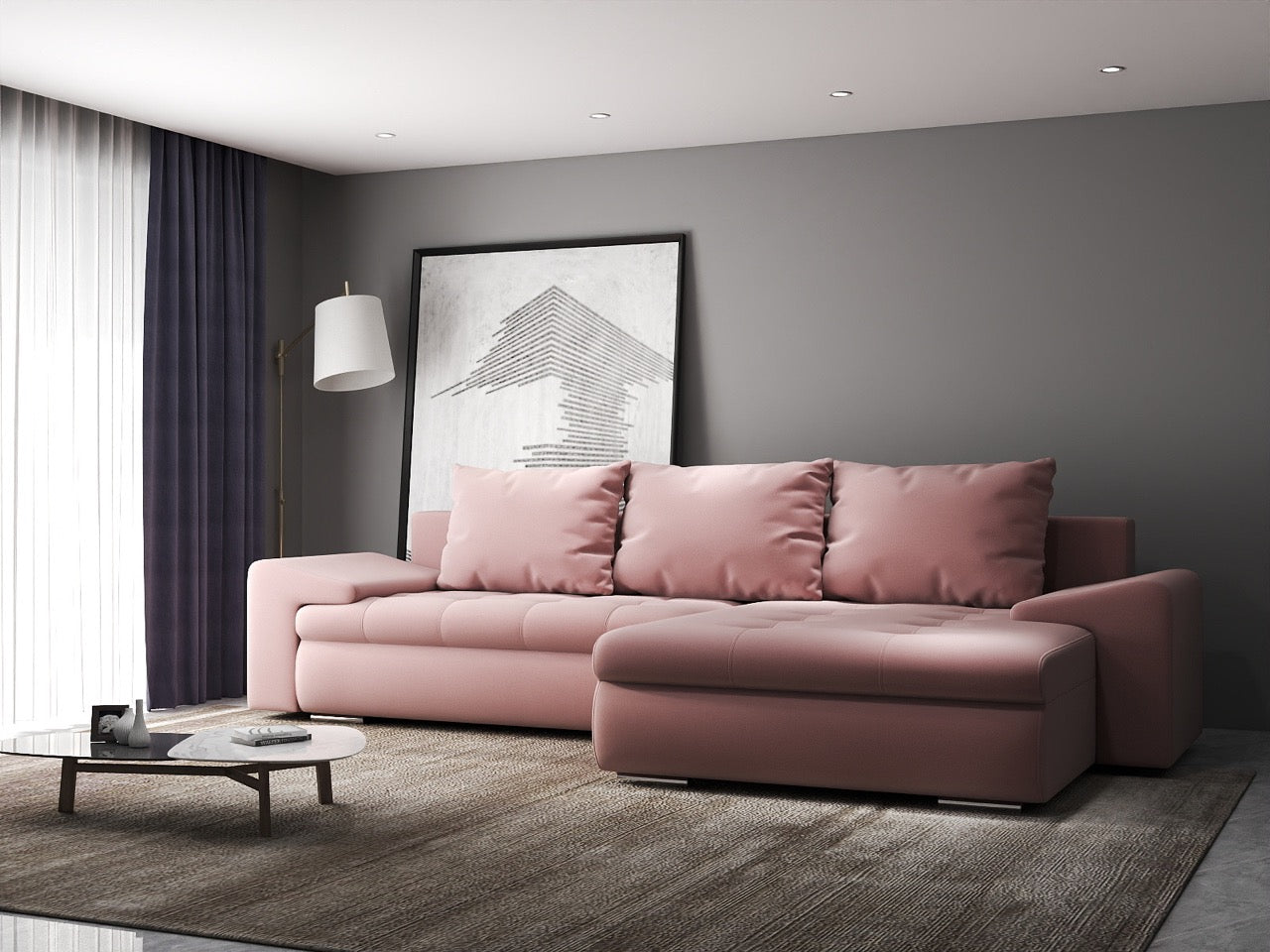 Colțar extensibil dumonde cu ladă de depozitare si sezut confortabil din spuma HR, Leonardo Royal Roz 255x193 cm II Fabrica