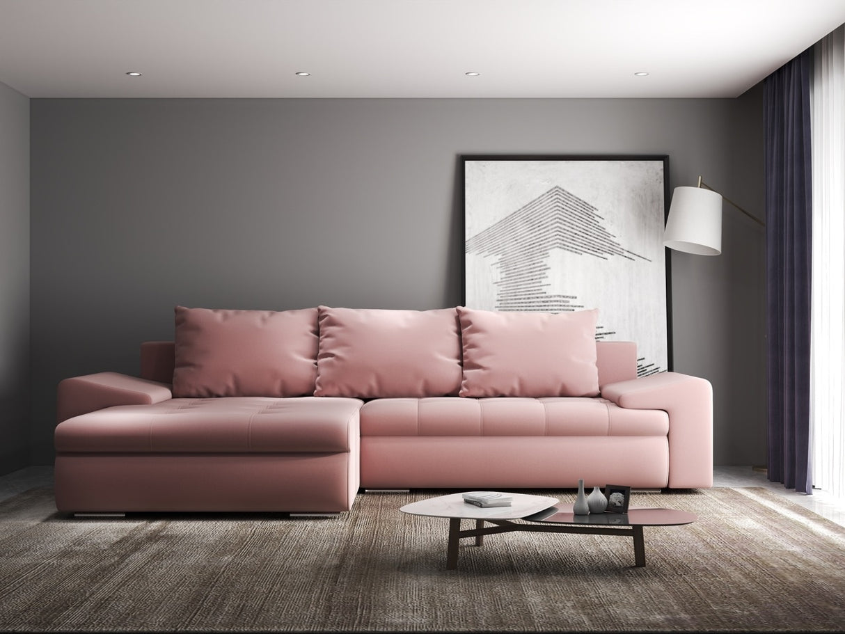 Colțar extensibil dumonde cu ladă de depozitare si sezut confortabil din spuma HR, Leonardo Royal Roz 255x193 cm