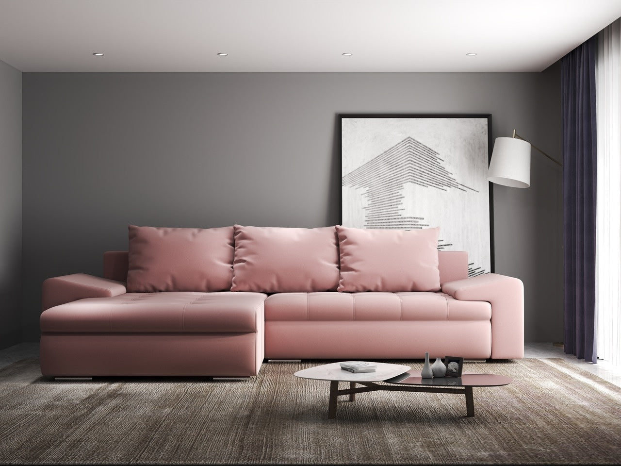 Colțar extensibil dumonde cu ladă de depozitare si sezut confortabil din spuma HR, Leonardo Royal Roz 255x193 cm Fabrica