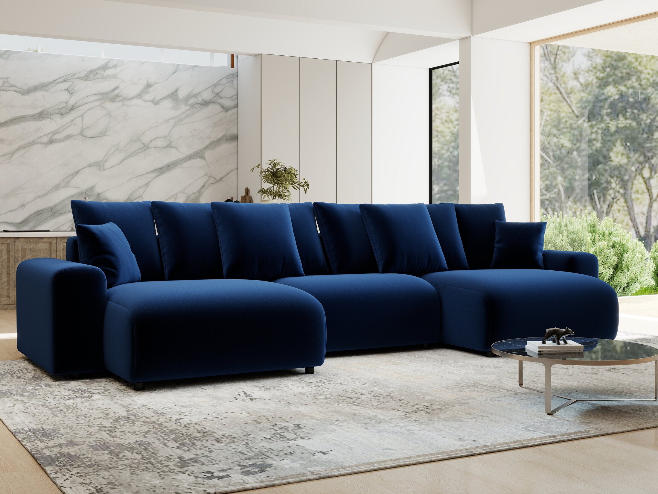 Colțar extensibil dumonde cu ladă de depozitare si sezut confortabil din spuma HR, Luma U Royal Albastru Navy 336x140 cm